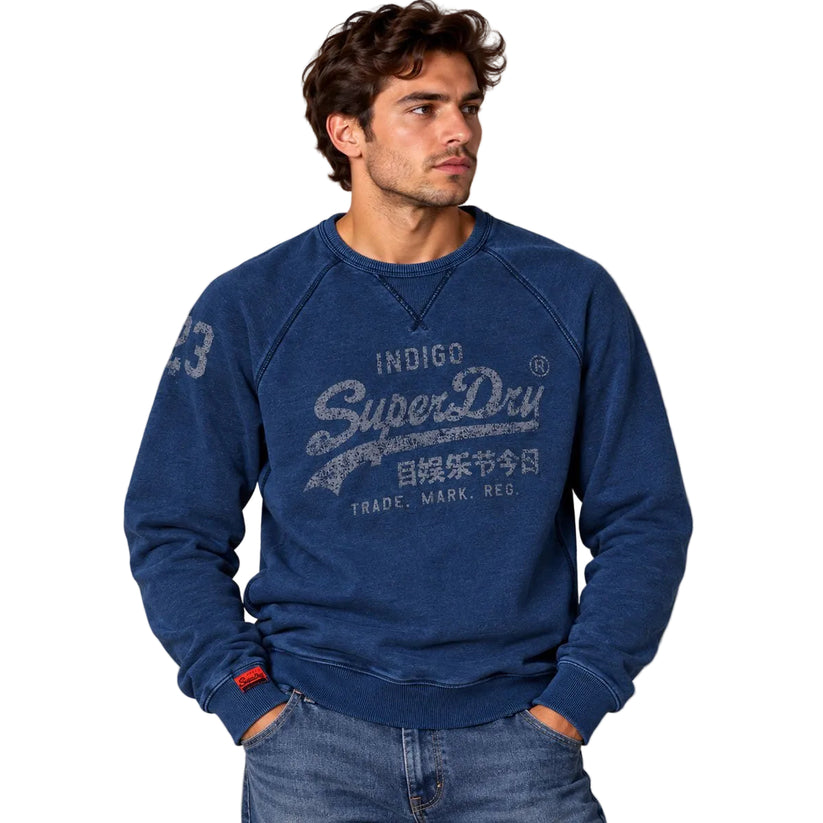 Superdry Mens Sweatshirt Large Indigo Graphic Print – Sweater & Hoodie product photo 1 | RewearableUK