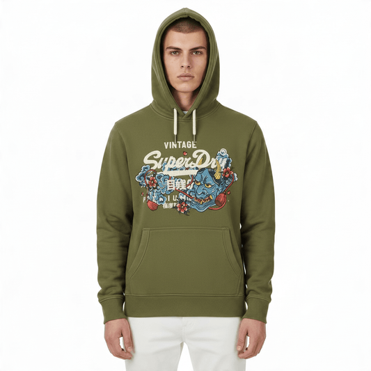 Superdry Olive Green Demon Graphic Unisex Hoodie M Cotton Kangaroo Pocket – Hoodie product photo 1 | RewearableUK