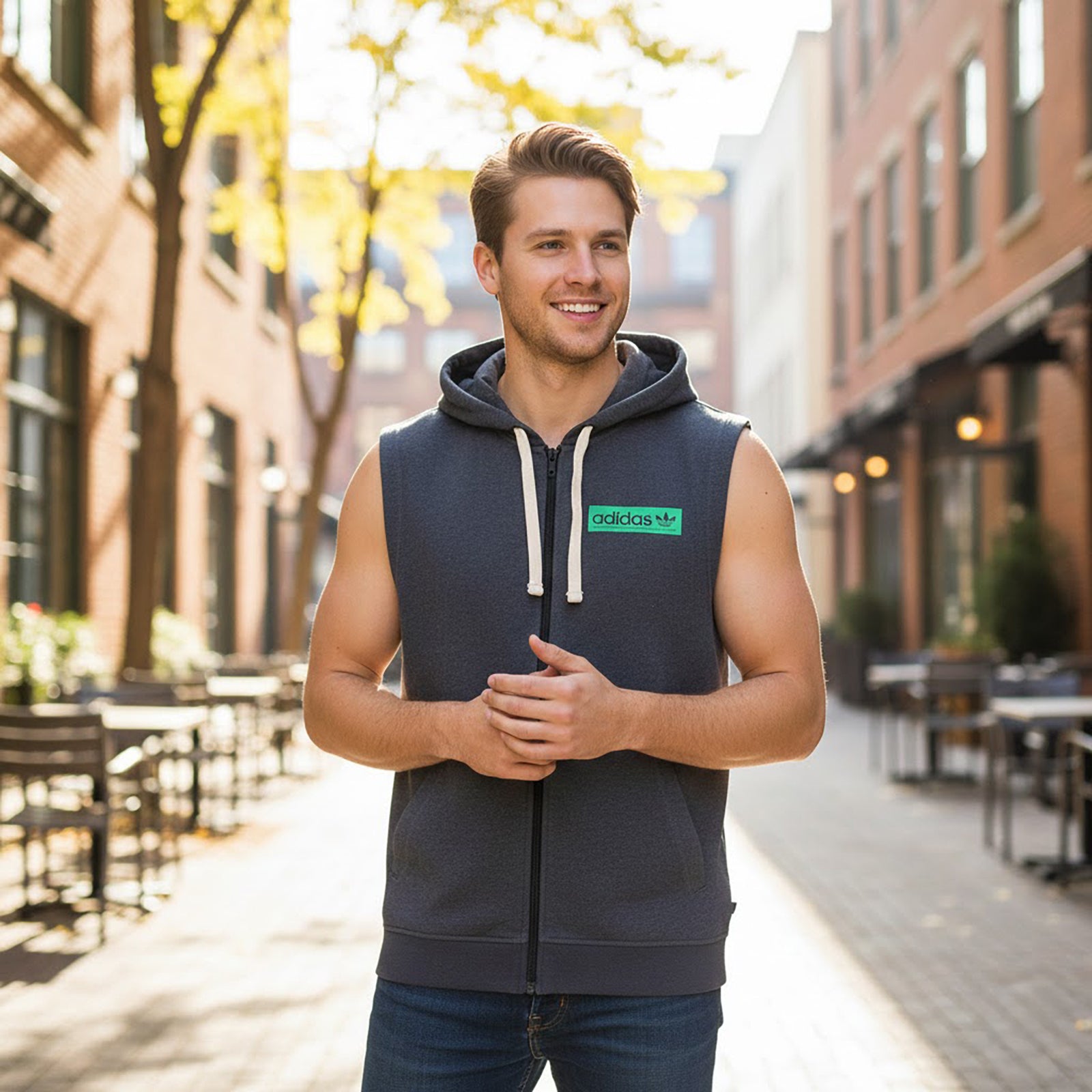 adidas Adidas Men's Sleeveless Hoodie Grey Size M Full Zip Athletic Gym Vest Excellent Sweater & Hoodie RewearableUK