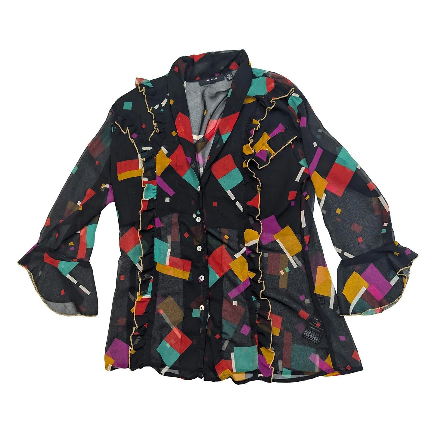 Ted Baker Black Geometric Blouse Size 4 UK 14 Ruffle Bell Sleeve Gold Trim Sheer by Ted Baker – | RewearableUK