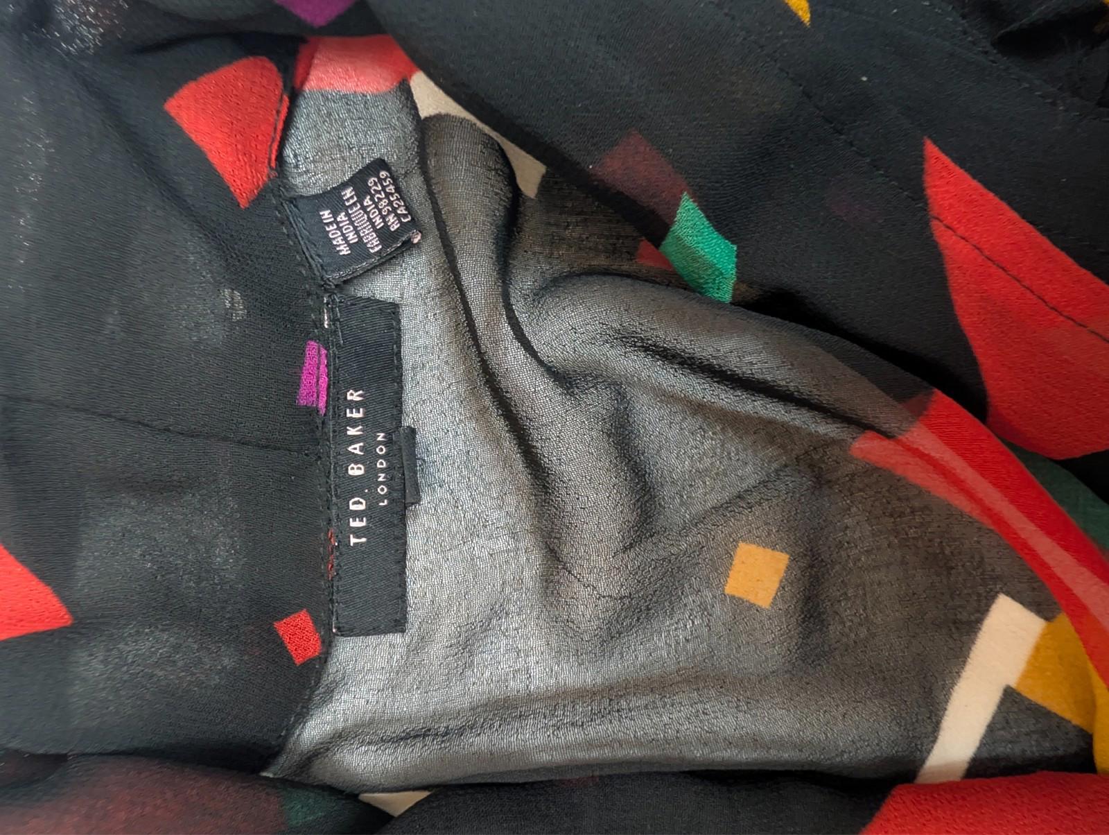 Ted Baker Black Geometric Blouse Size 4 UK 14 Ruffle Bell Sleeve Gold Trim Sheer by Ted Baker – | RewearableUK