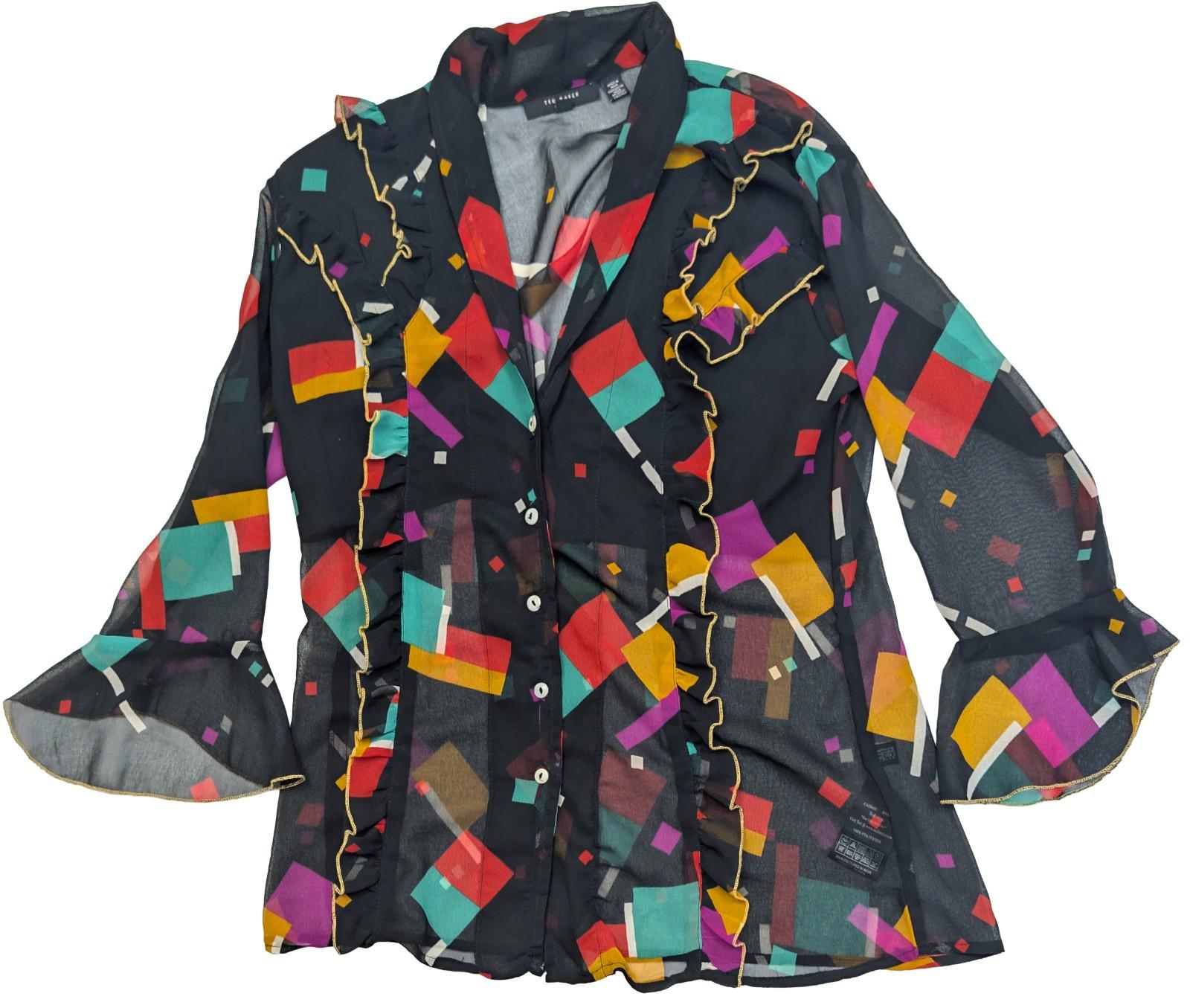 Ted Baker Black Geometric Blouse Size 4 UK 14 Ruffle Bell Sleeve Gold Trim Sheer by Ted Baker – | RewearableUK