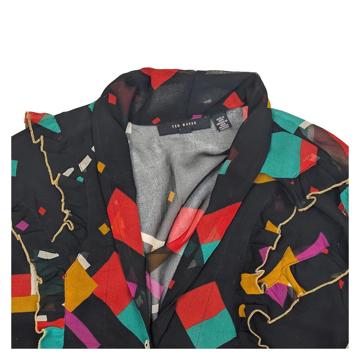 Ted Baker Black Geometric Blouse Size 4 UK 14 Ruffle Bell Sleeve Gold Trim Sheer by Ted Baker – | RewearableUK