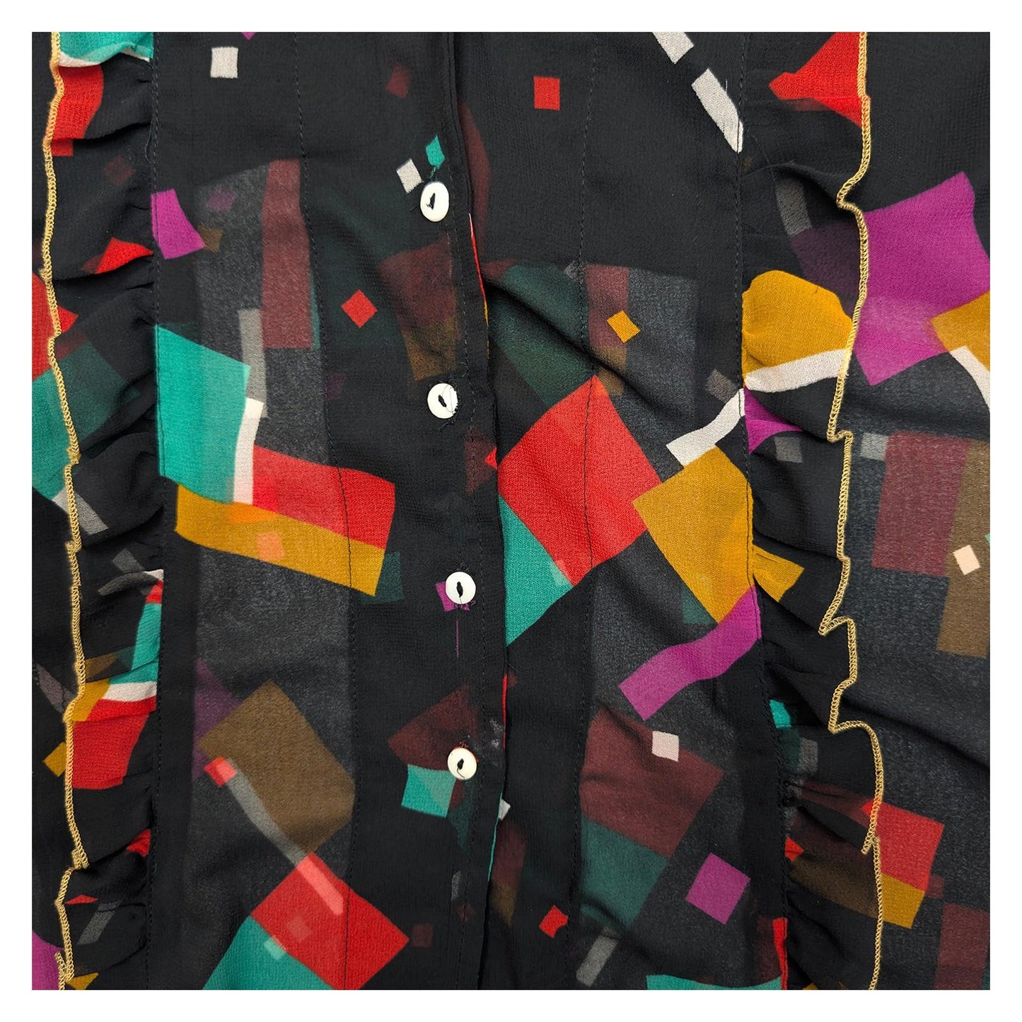 Ted Baker Black Geometric Blouse Size 4 UK 14 Ruffle Bell Sleeve Gold Trim Sheer by Ted Baker – | RewearableUK