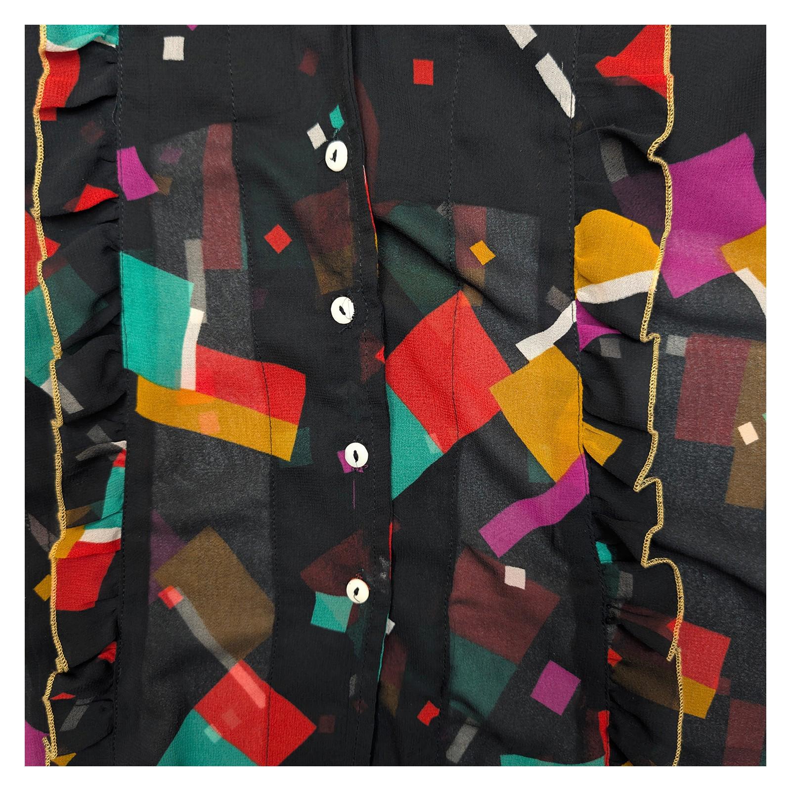 Ted Baker Black Geometric Blouse Size 4 UK 14 Ruffle Bell Sleeve Gold Trim Sheer by Ted Baker – | RewearableUK