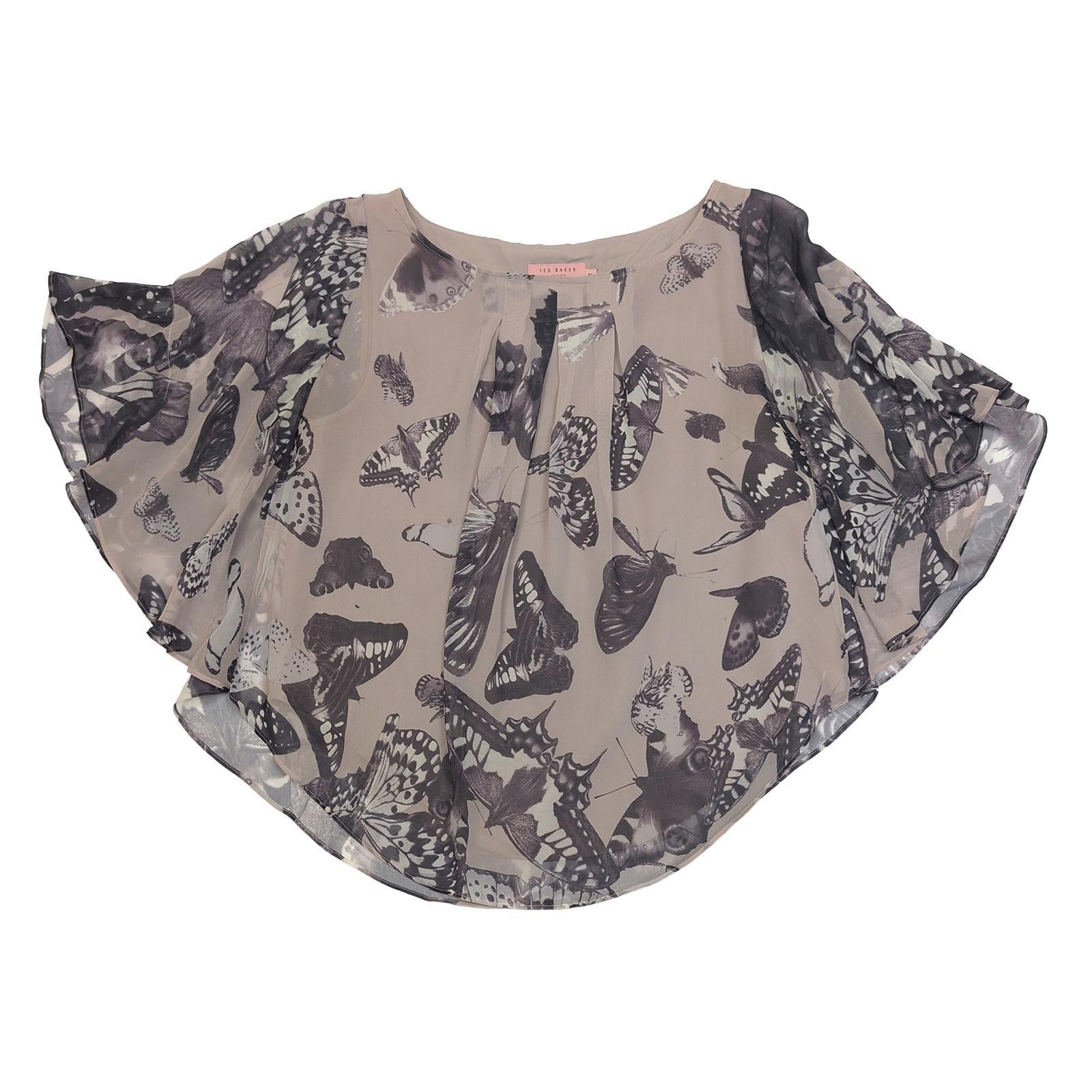 Ted Baker Capra Butterfly Print Top Size 2 UK 10 Nude Pink Flutter Sleeve Blouse by Ted Baker – | RewearableUK