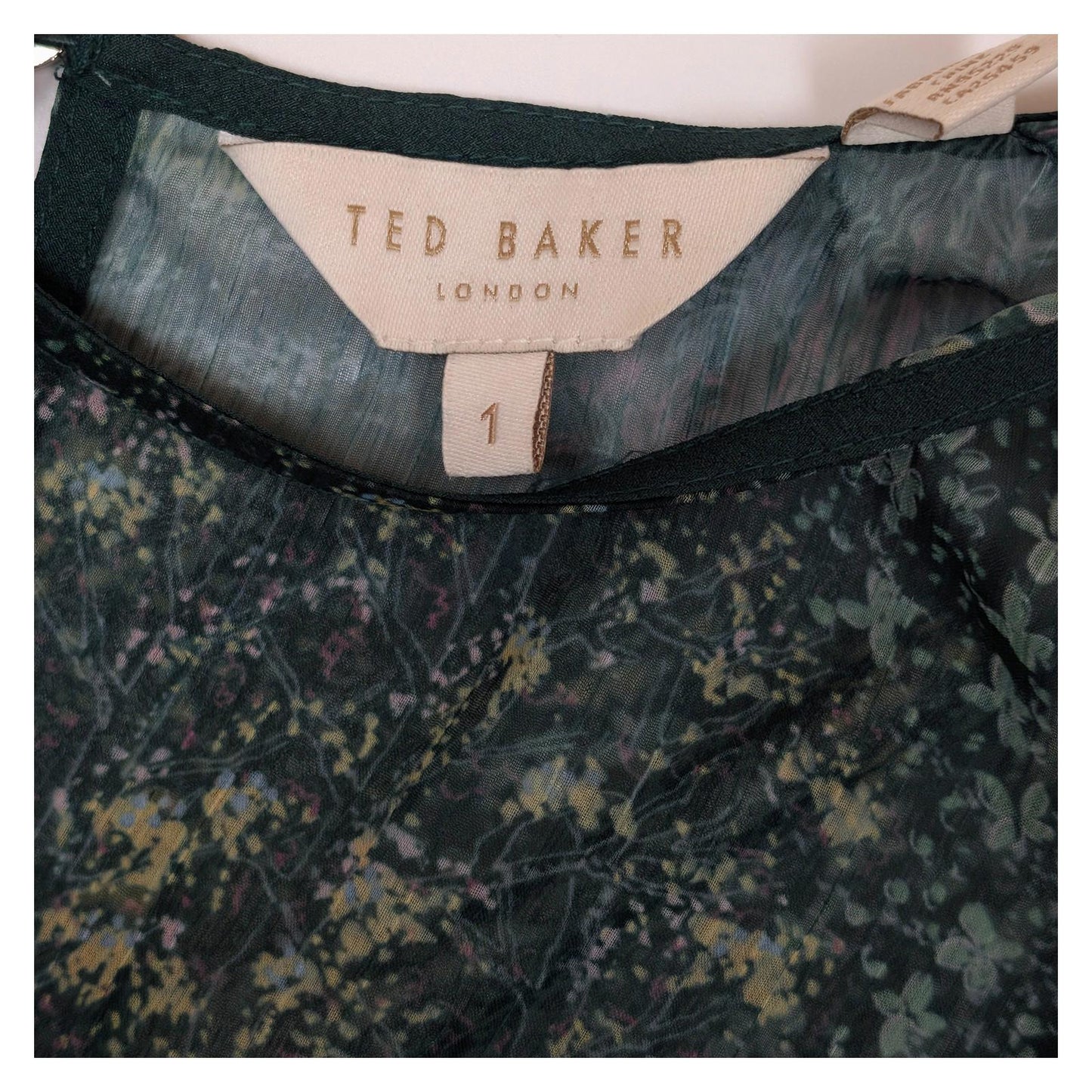 Ted Baker Green Woodland Floral Tunic Dress Size 1 (UK 8) Sheer Long Sleeve Ruff by Ted Baker – | RewearableUK