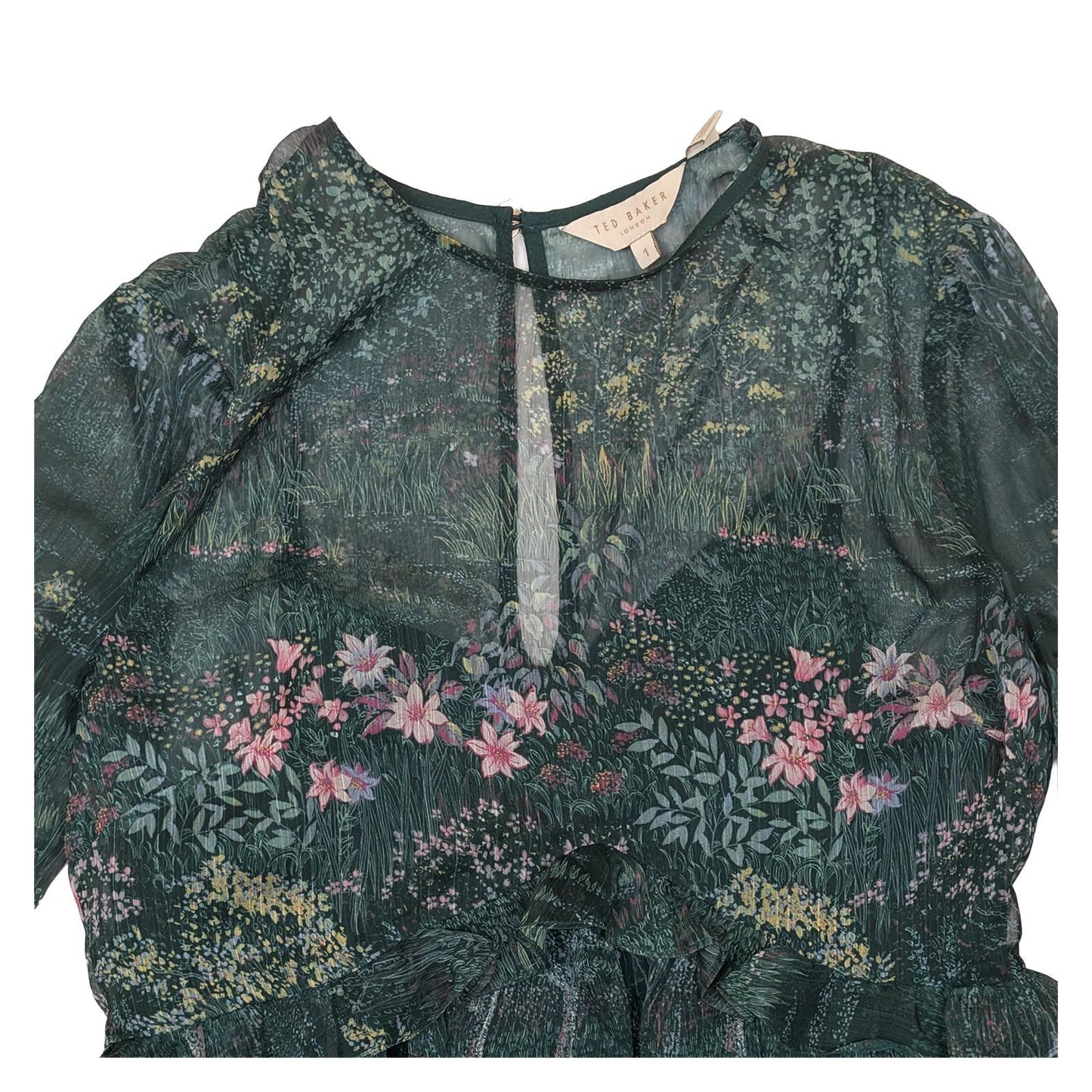 Ted Baker Green Woodland Floral Tunic Dress Size 1 (UK 8) Sheer Long Sleeve Ruff by Ted Baker – | RewearableUK