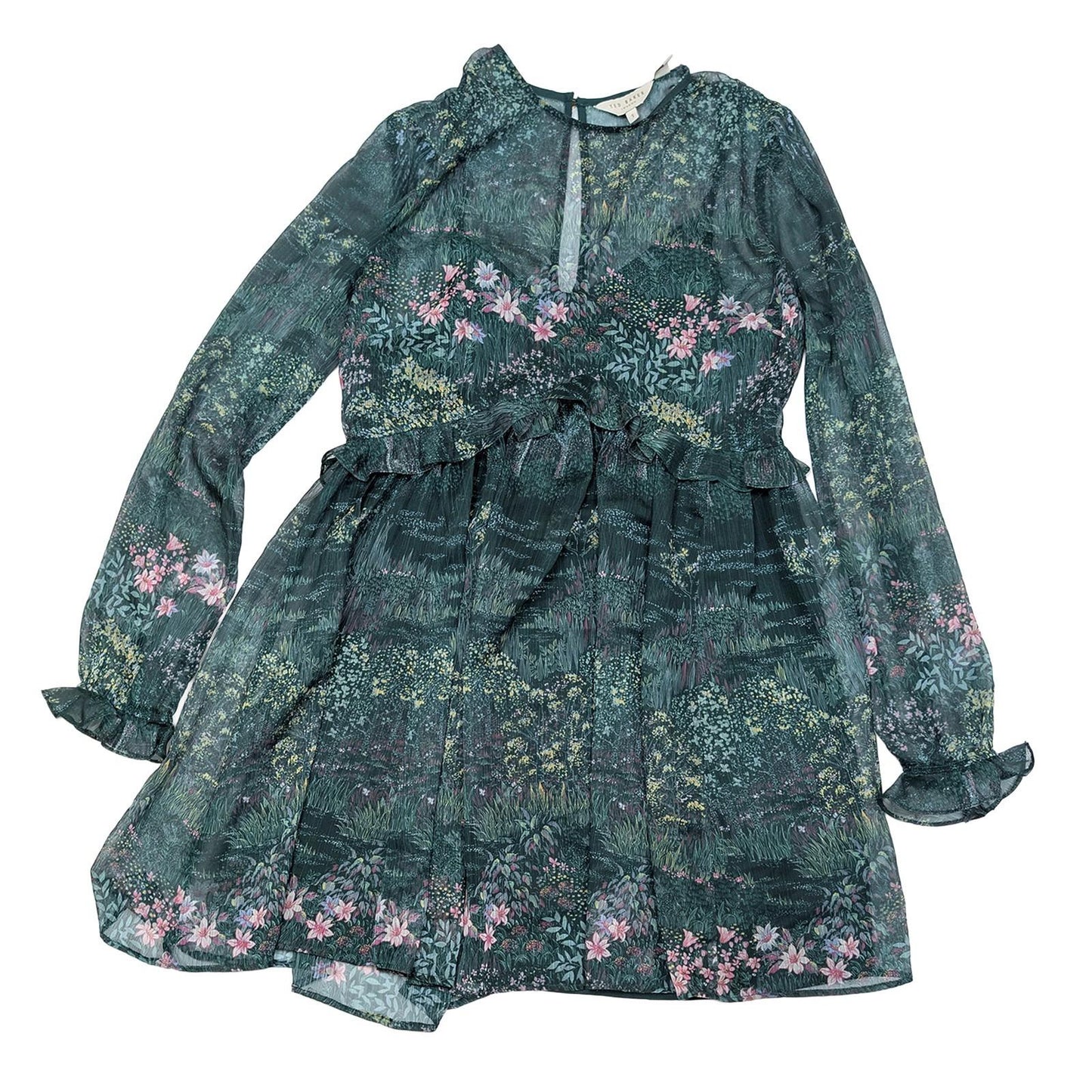 Ted Baker Green Woodland Floral Tunic Dress Size 1 (UK 8) Sheer Long Sleeve Ruff by Ted Baker – | RewearableUK