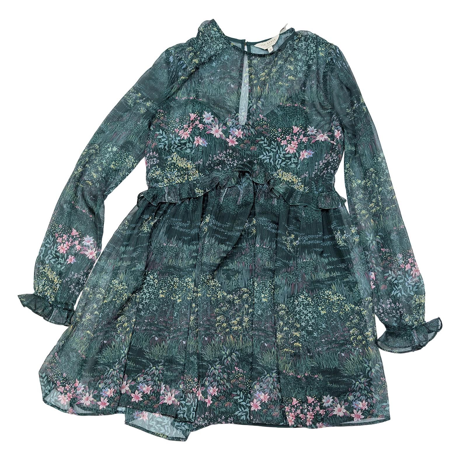Ted Baker Green Woodland Floral Tunic Dress Size 1 (UK 8) Sheer Long Sleeve Ruff by Ted Baker – | RewearableUK