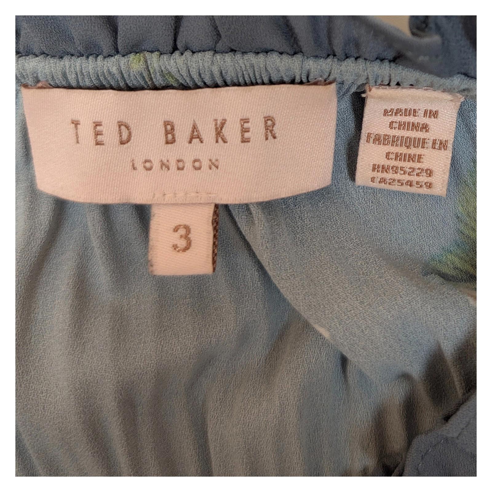 Ted Baker Horili Pleated Top Size 3 UK 12 Blue Floral Strawberry Ruffle Blouse by Ted Baker – | RewearableUK