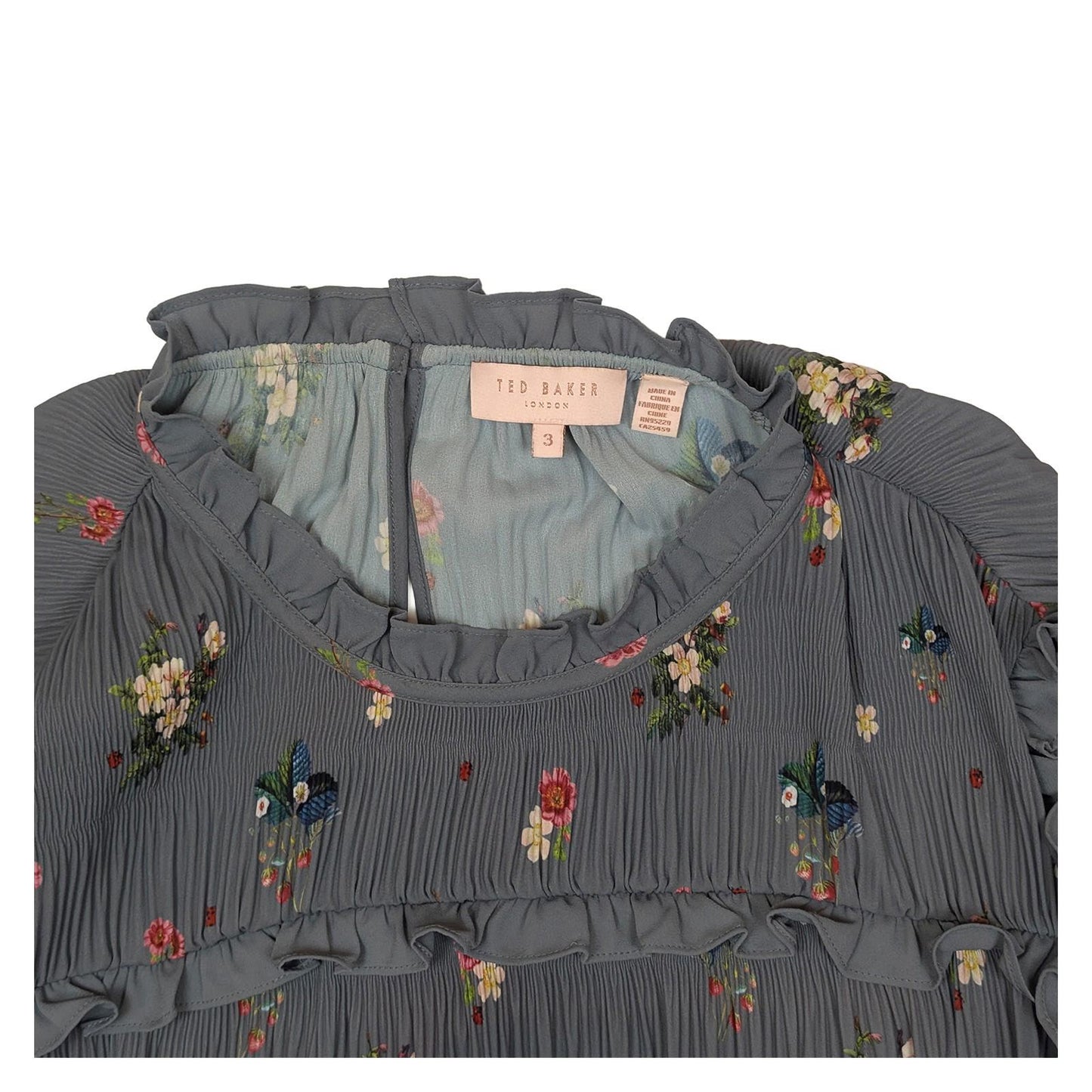 Ted Baker Horili Pleated Top Size 3 UK 12 Blue Floral Strawberry Ruffle Blouse by Ted Baker – | RewearableUK