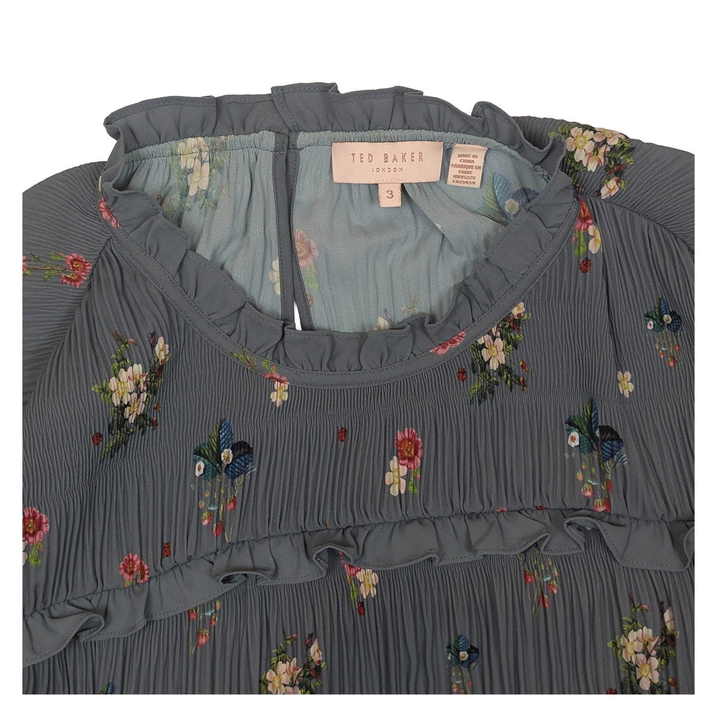 Ted Baker Horili Pleated Top Size 3 UK 12 Blue Floral Strawberry Ruffle Blouse by Ted Baker – | RewearableUK