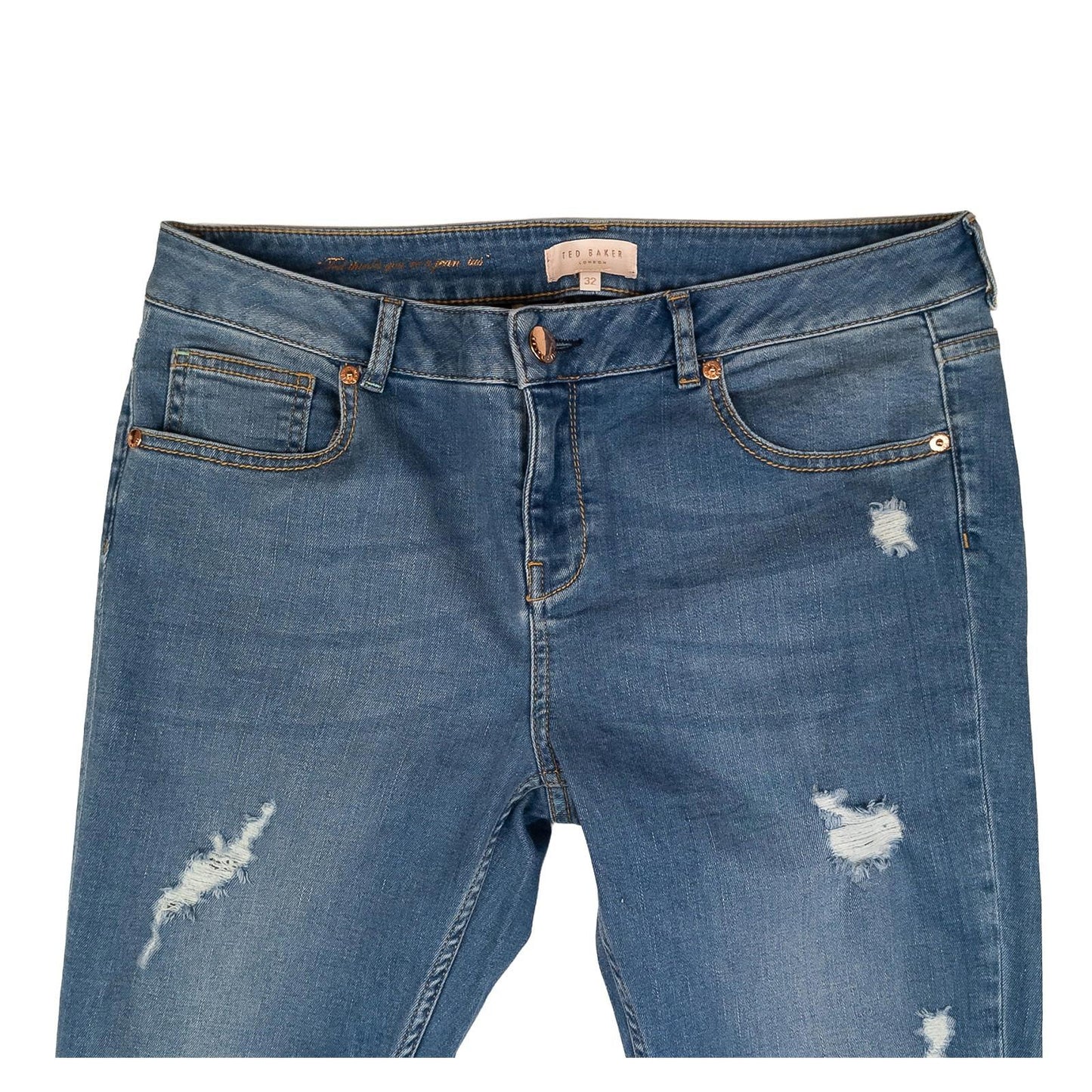 Ted Baker London Jeans W32 UK 14 Blue Distressed Rose Gold Button Skinny Denim by Ted Baker – | RewearableUK