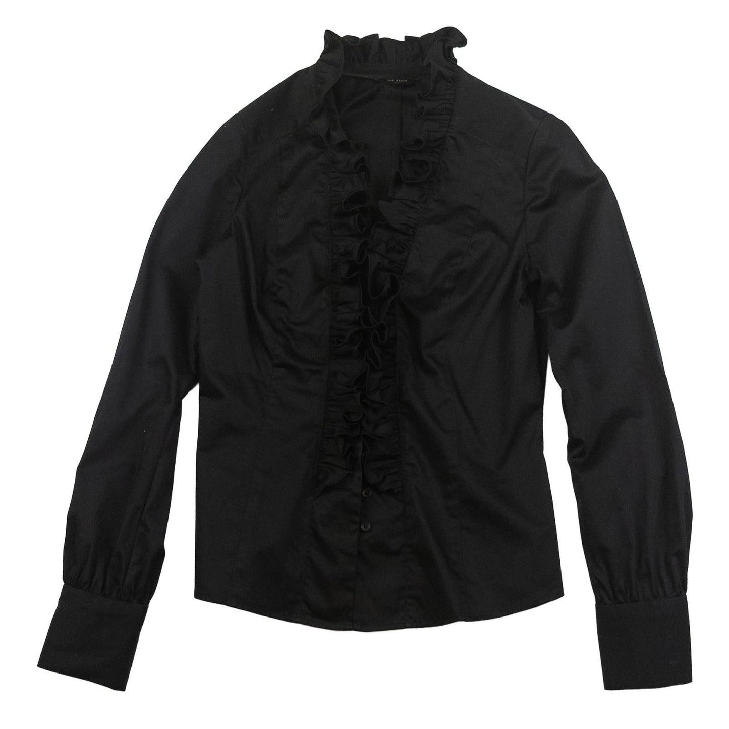Ted Baker London Shirt Blouse Black Size 2 UK 10 Ruffle Frill Front Stretch Cott by Ted Baker – | RewearableUK