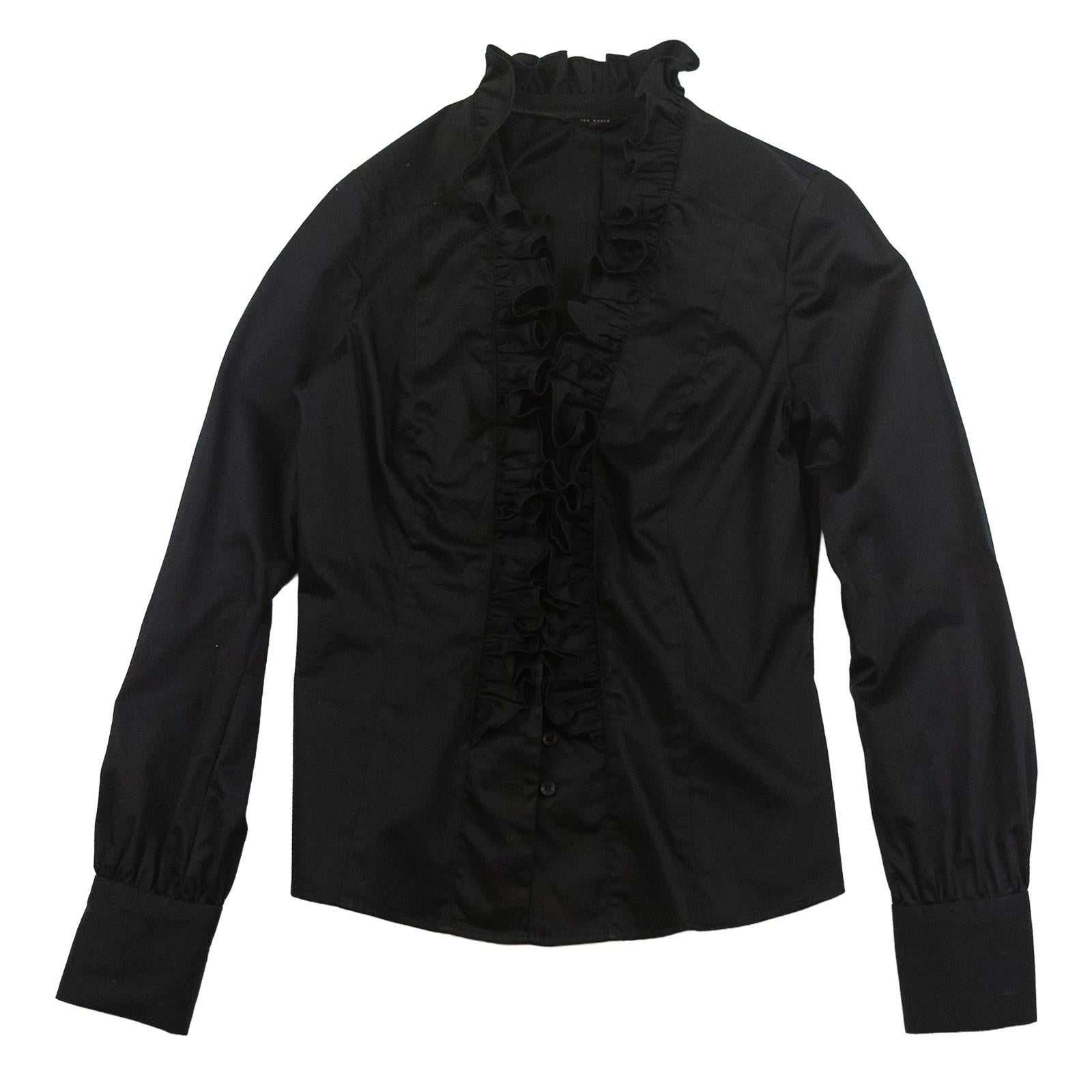 Ted Baker London Shirt Blouse Black Size 2 UK 10 Ruffle Frill Front Stretch Cott by Ted Baker – | RewearableUK