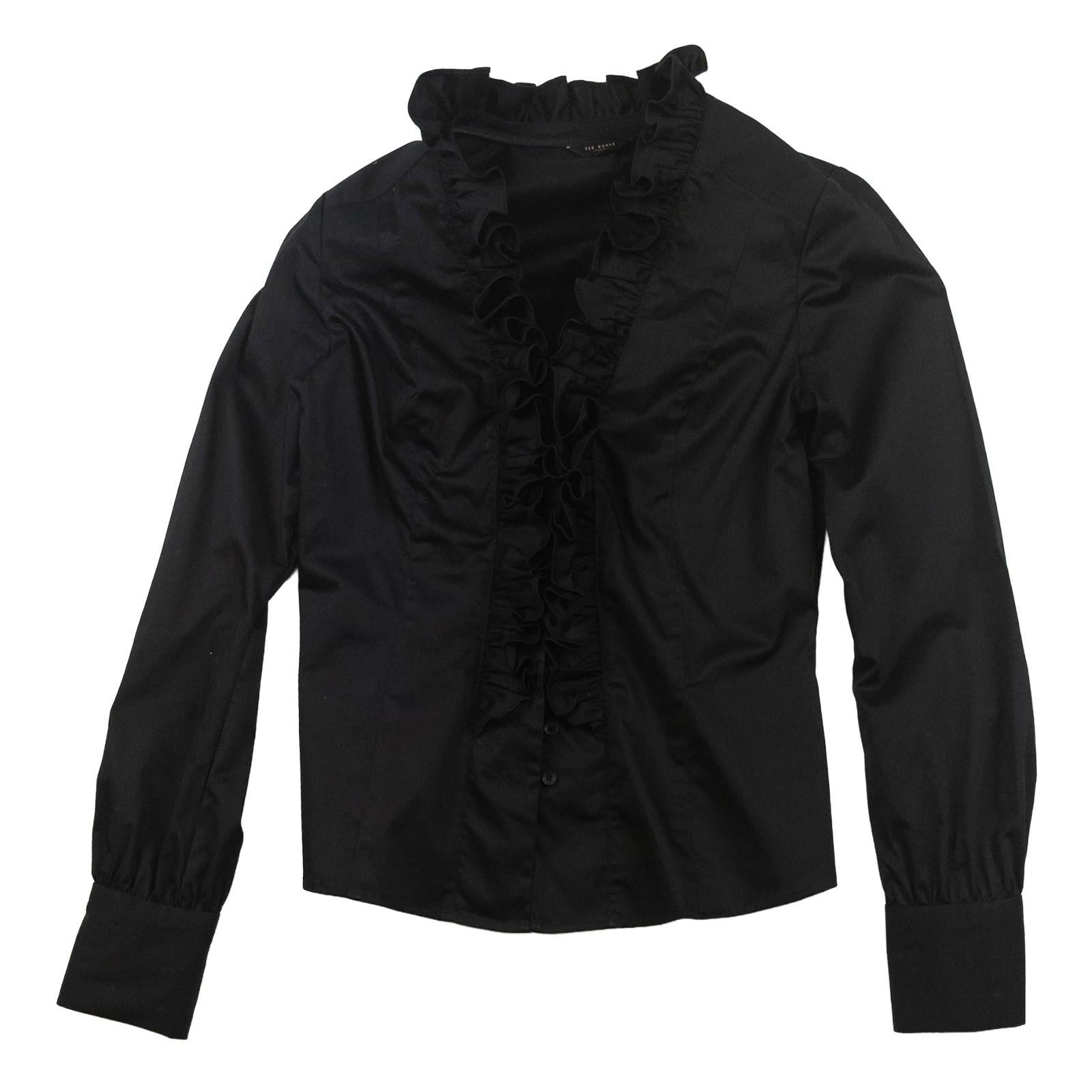 Ted Baker London Shirt Blouse Black Size 2 UK 10 Ruffle Frill Front Stretch Cott by Ted Baker – | RewearableUK