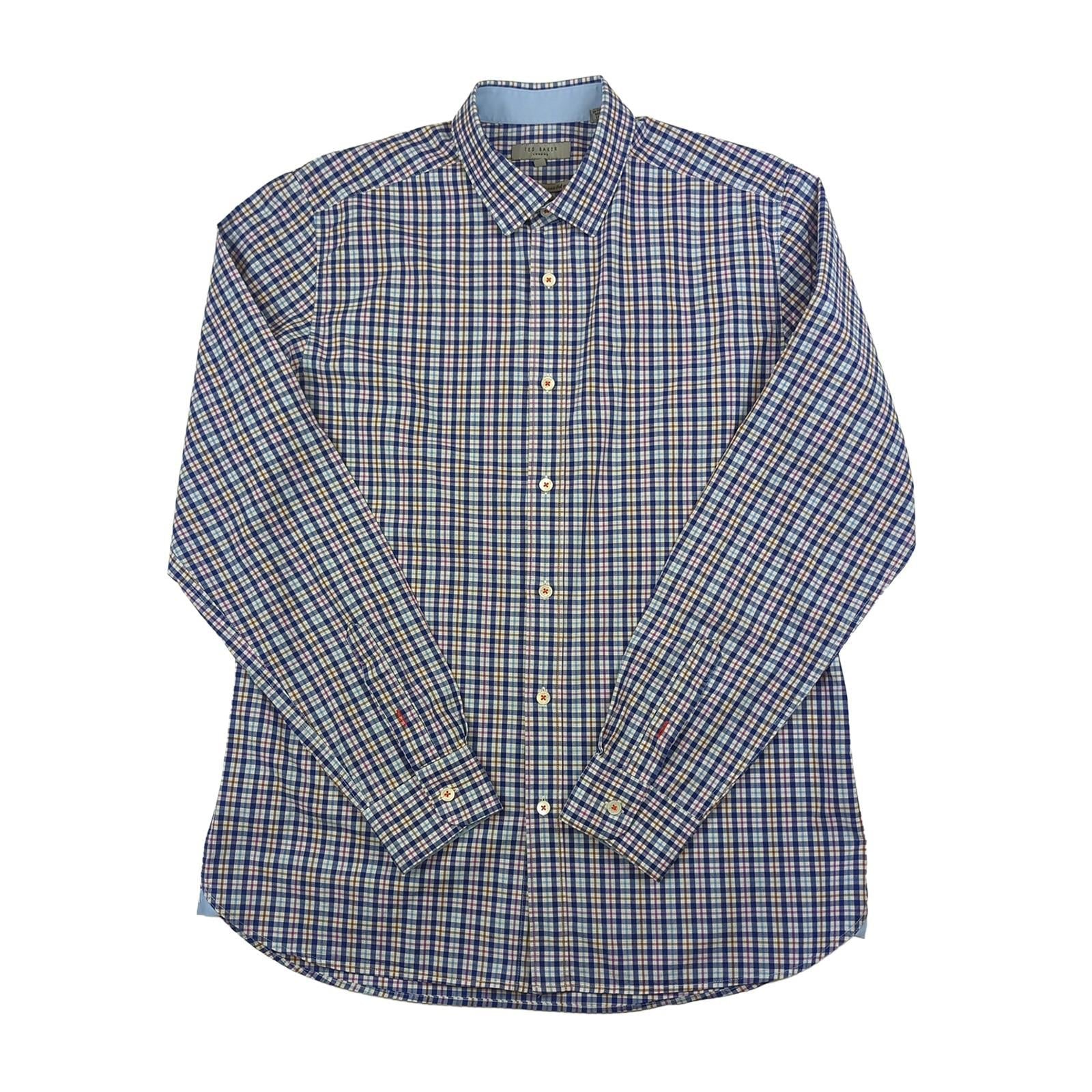Ted Baker TED BAKER Mens Shirt Large Size 4 Check Pattern Long Sleeve Cotton Casual Top shirt RewearableUK