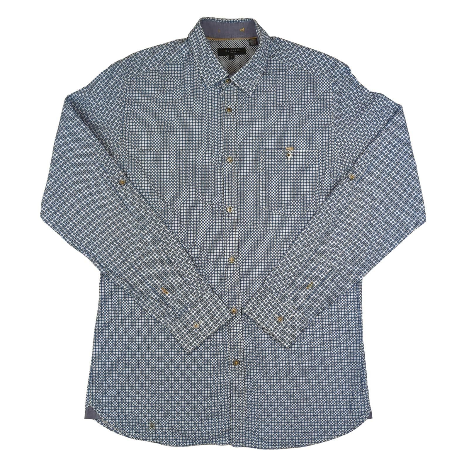 Ted Baker Ted Baker Mens Shirt Medium Size 3 Blue Geometric Print Long Sleeve Cotton Casua shirt RewearableUK