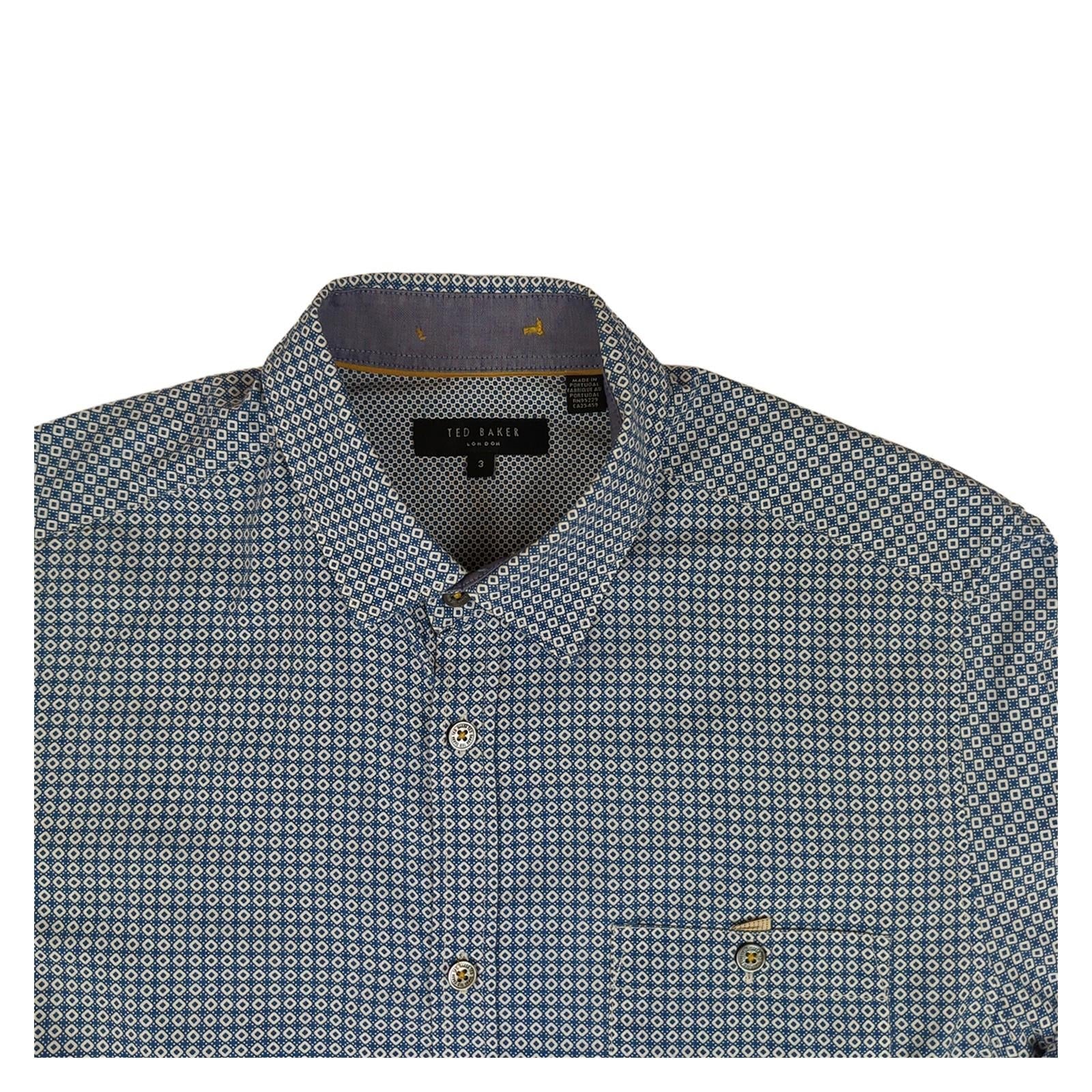 Ted Baker Ted Baker Mens Shirt Medium Size 3 Blue Geometric Print Long Sleeve Cotton Casua shirt RewearableUK