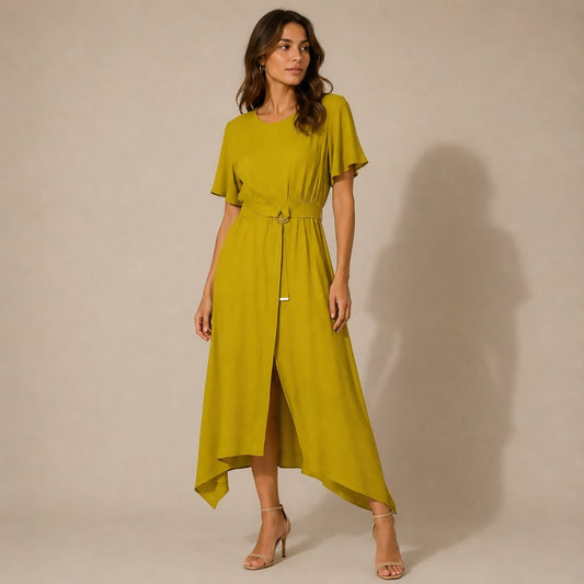 Ted Baker Mustard Yellow Asymmetric Midi Dress Size 1 by Ted Baker – DRESSING | RewearableUK