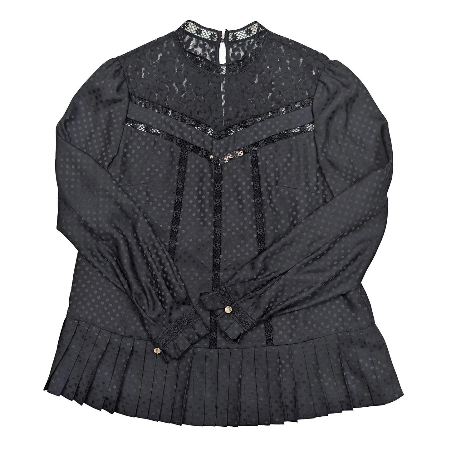 Ted Baker Shilli Top Size 1 UK 8 Black Polka Dot Lace Pleated Peplum Blouse by Ted Baker – | RewearableUK