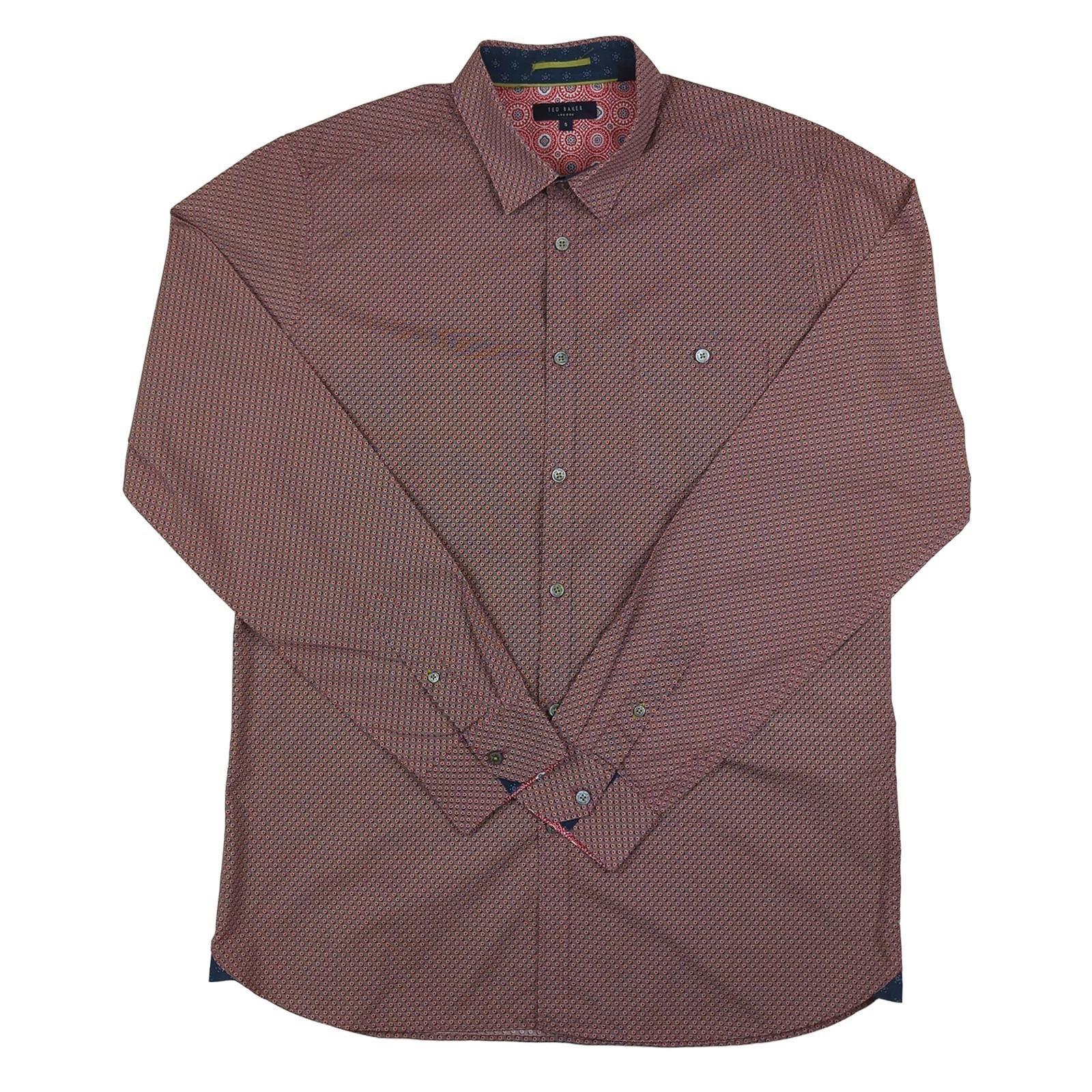 Ted Baker Ted Baker Shirt Mens XL 5 Red Geometric Print Long Sleeve Cotton Smart Casual shirt RewearableUK