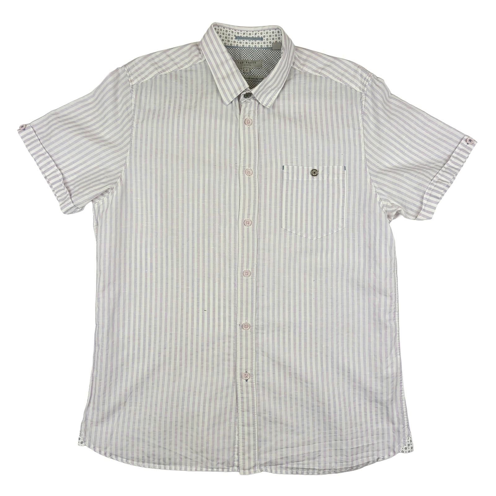 Ted Baker Ted Baker Shirt Size 4 Large Men’s Short Sleeve Cotton White Striped Casual Top shirt RewearableUK