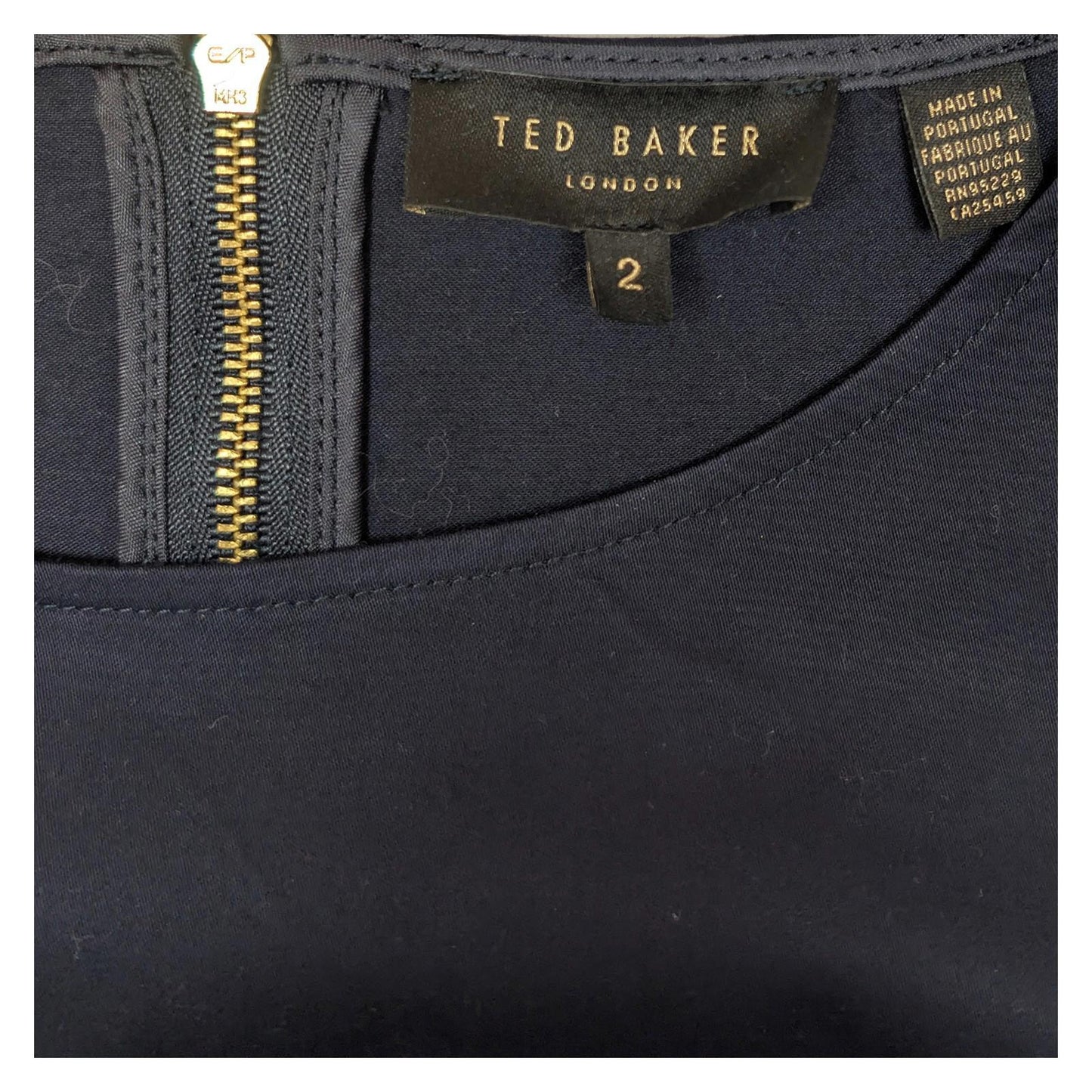 Ted Baker Top Size 2 UK 10 Navy Blue Bell Sleeve Stripe Cuff Gold Zip Blouse Shi by Ted Baker – | RewearableUK