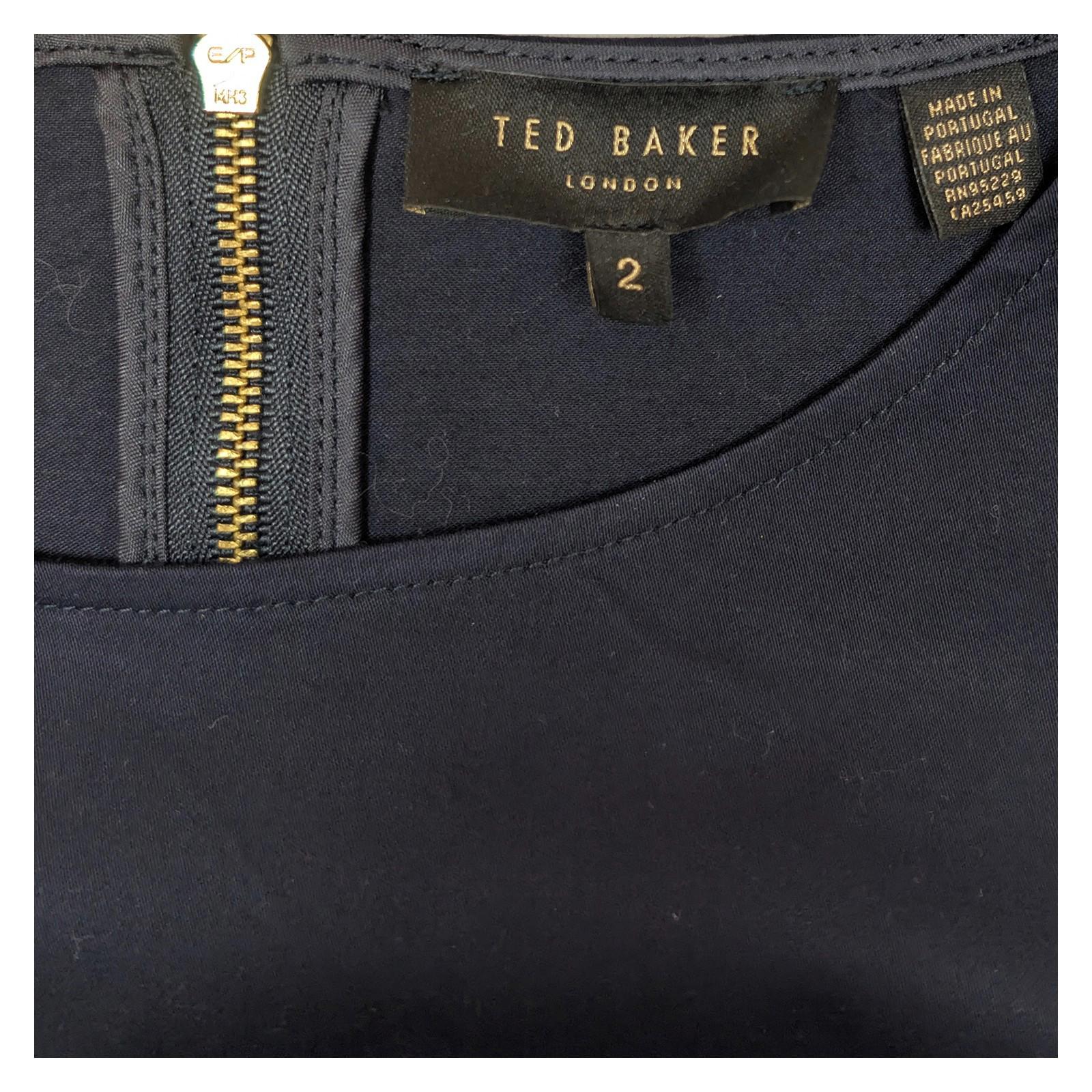 Ted Baker Top Size 2 UK 10 Navy Blue Bell Sleeve Stripe Cuff Gold Zip Blouse Shi by Ted Baker – | RewearableUK