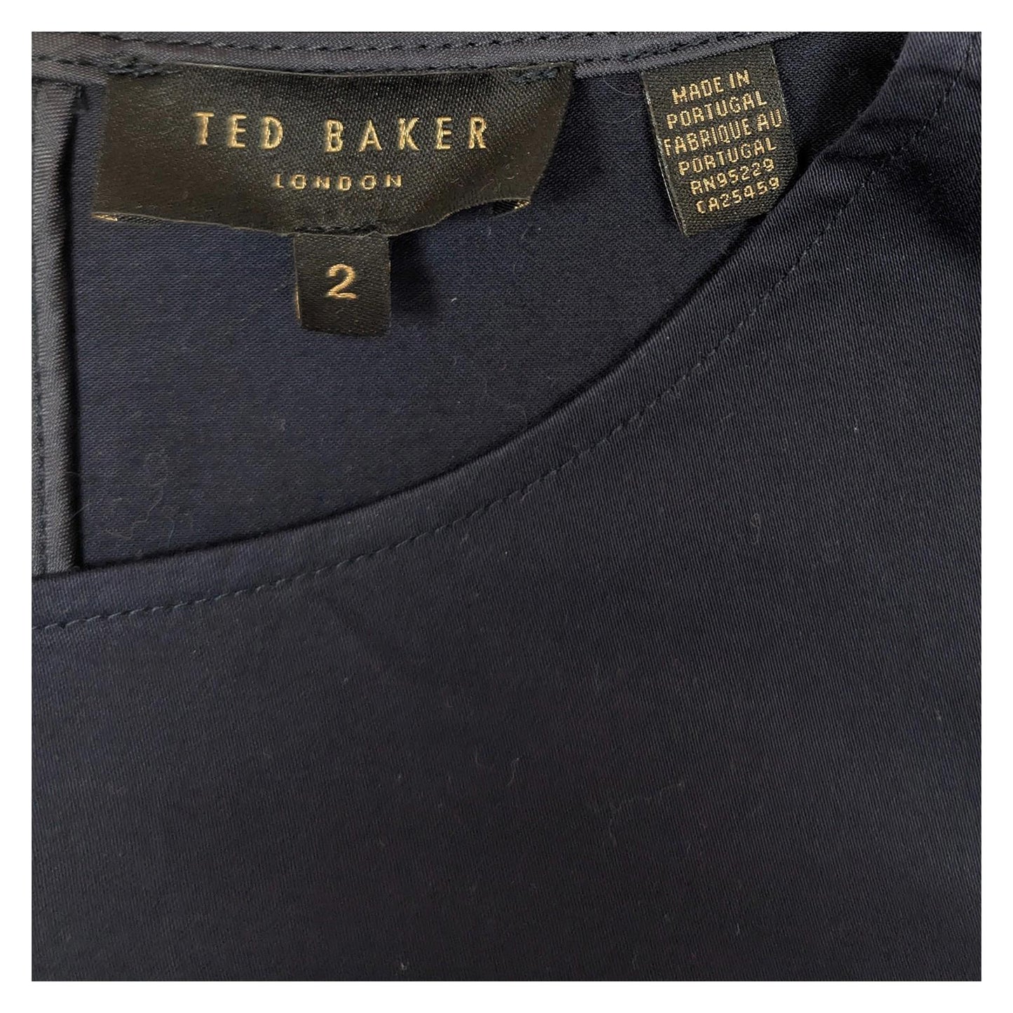 Ted Baker Top Size 2 UK 10 Navy Blue Bell Sleeve Stripe Cuff Gold Zip Blouse Shi by Ted Baker – | RewearableUK