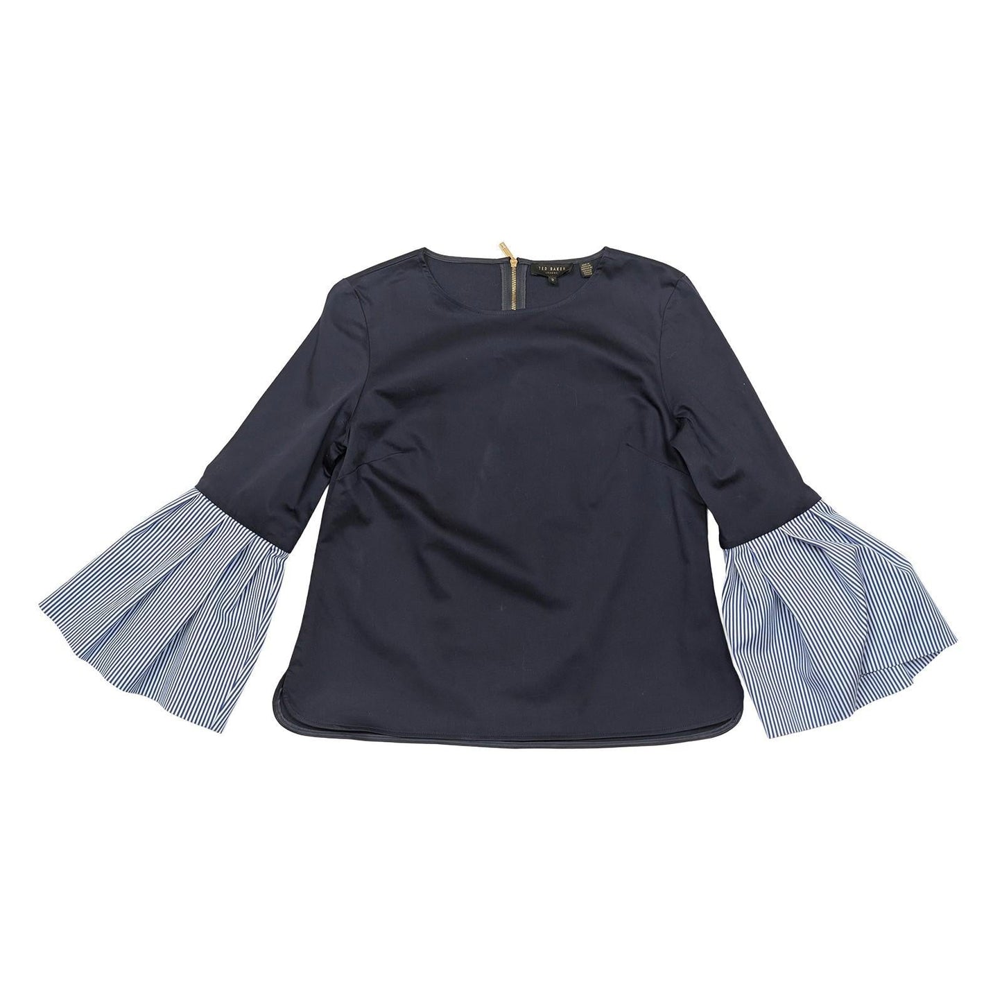 Ted Baker Top Size 2 UK 10 Navy Blue Bell Sleeve Stripe Cuff Gold Zip Blouse Shi by Ted Baker – | RewearableUK