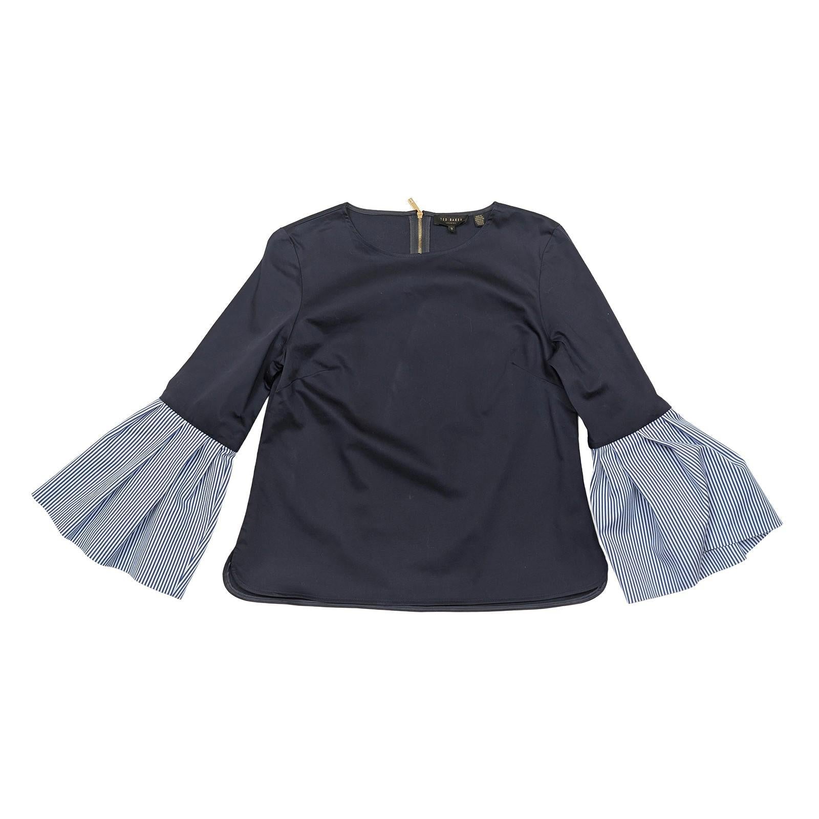 Ted Baker Top Size 2 UK 10 Navy Blue Bell Sleeve Stripe Cuff Gold Zip Blouse Shi by Ted Baker – | RewearableUK