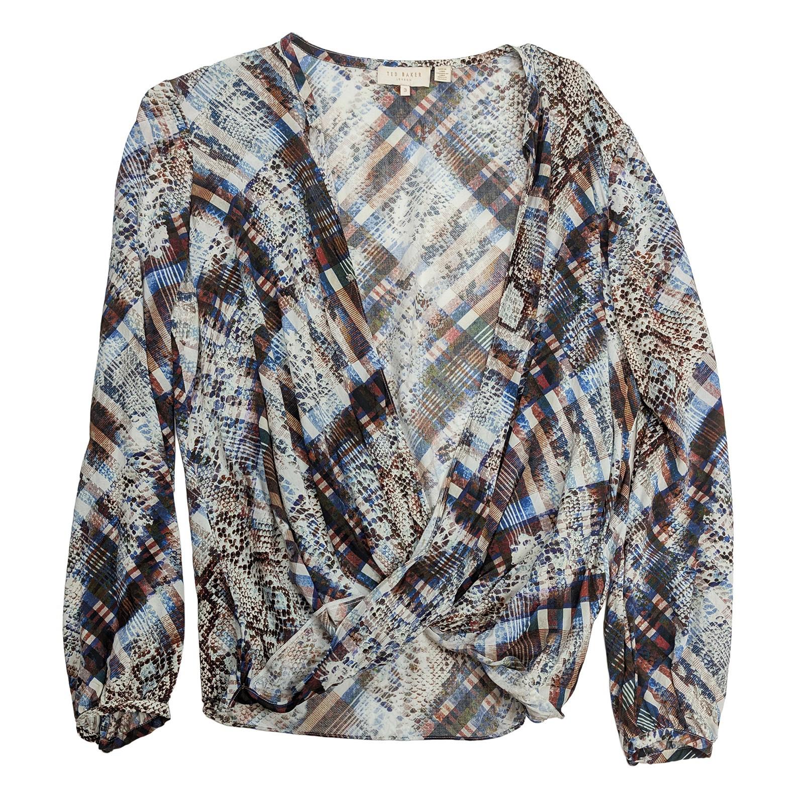 Ted Baker Top Size 3 UK 12 Lyzaa Snake Plaid Check Wrap Front Long Sleeve Blouse by Ted Baker – | RewearableUK