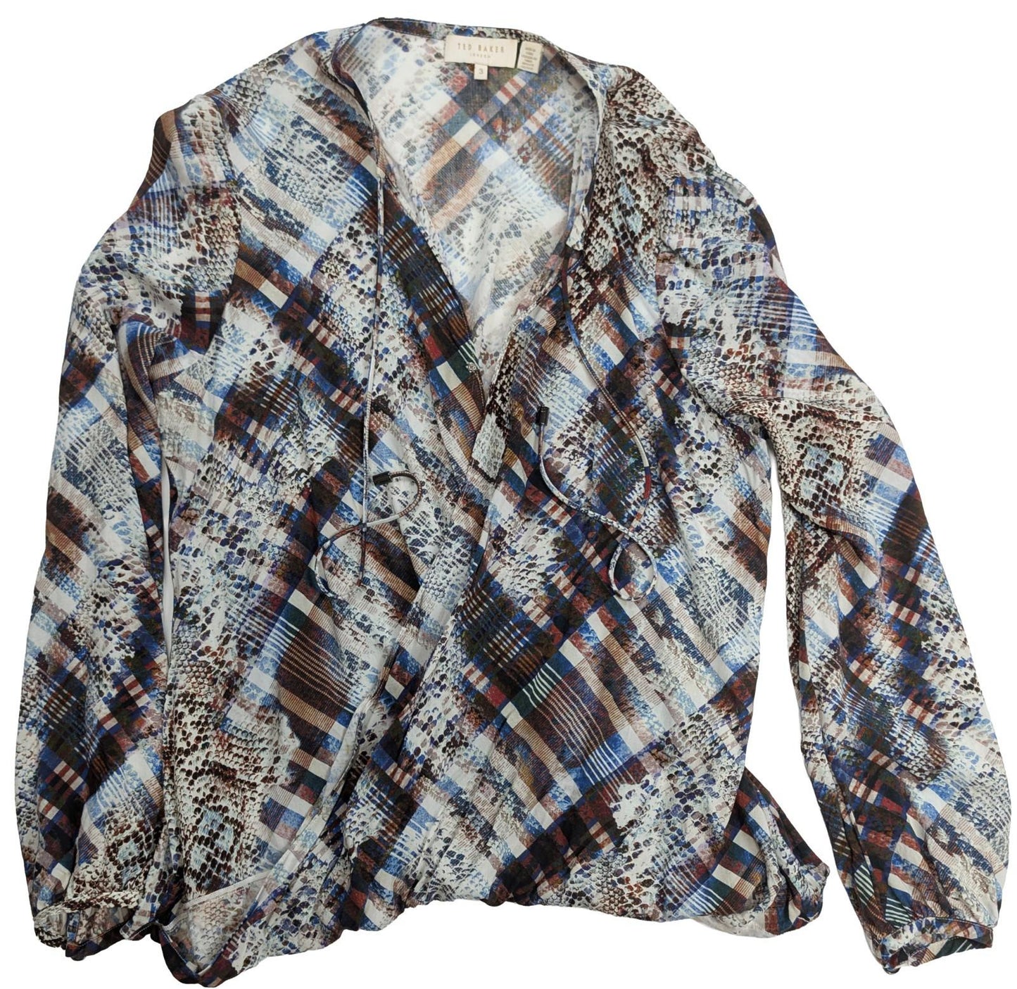Ted Baker Top Size 3 UK 12 Lyzaa Snake Plaid Check Wrap Front Long Sleeve Blouse by Ted Baker – | RewearableUK