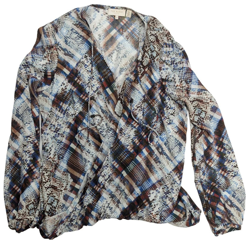 Ted Baker Top Size 3 UK 12 Lyzaa Snake Plaid Check Wrap Front Long Sleeve Blouse by Ted Baker – | RewearableUK