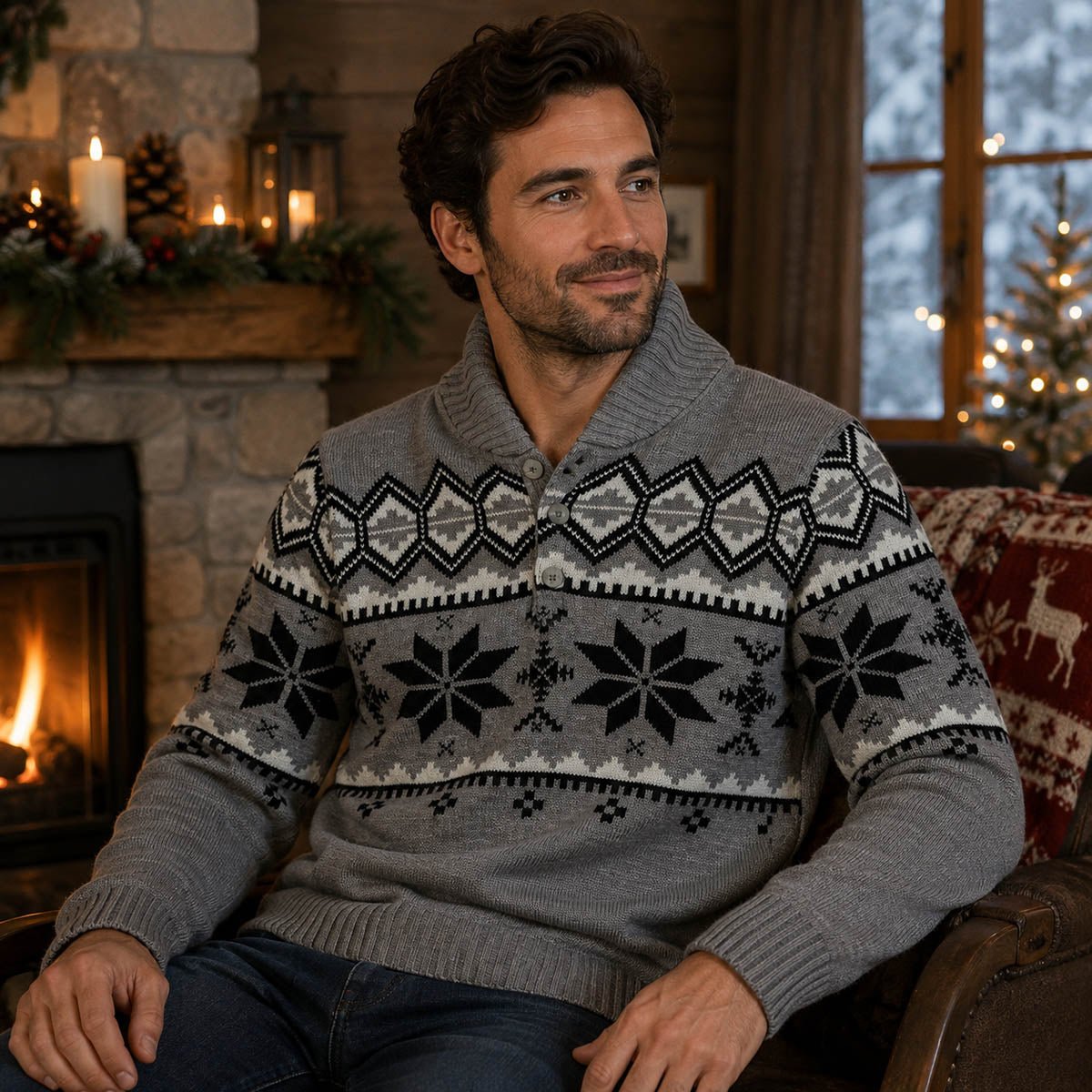 The Christmas Shop Christmas Jumper XS Grey Fair Isle Shawl Collar – Christmas Jumper product photo 1 | RewearableUK