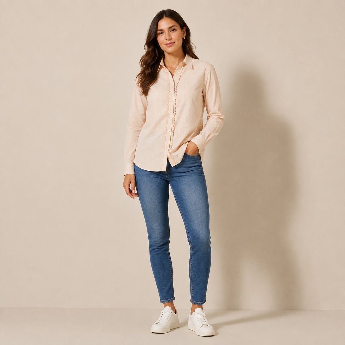 Tommy Hilfiger Beige Striped Ruffle Shirt – UK 12 – Shirt product photo 1 | RewearableUK