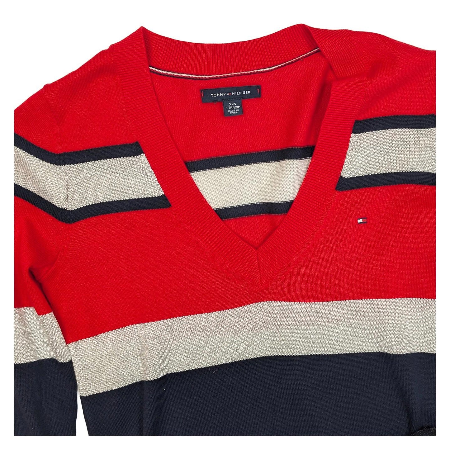 Tommy Hilfiger Jumper Size XXS Red Navy Stripe Metallic V - Neck Cotton Sweater by Tommy Hilfiger – | RewearableUK