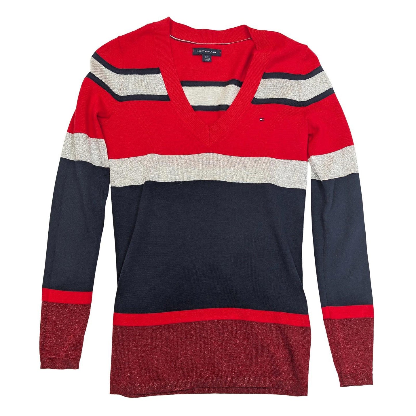 Tommy Hilfiger Jumper Size XXS Red Navy Stripe Metallic V - Neck Cotton Sweater by Tommy Hilfiger – | RewearableUK
