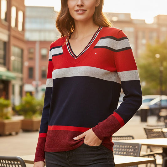 Tommy Hilfiger Sparkle V - Neck Jumper Red Navy | Women's XXS by Tommy Hilfiger – Sweater & Hoodie | RewearableUK