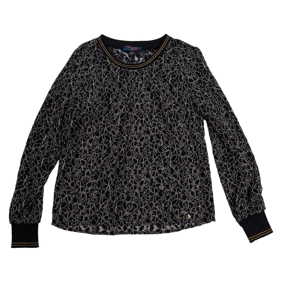 Trussardi Jeans Women's Black Floral Lace Top M Gold Trim Long Sleeve – product photo 1 | RewearableUK