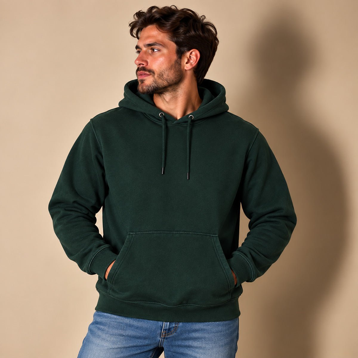 Unisex Hoodie M Dark Green Plain Cotton Blend Drawstring Hooded Sweatshirt – Hoodie product photo 1 | RewearableUK