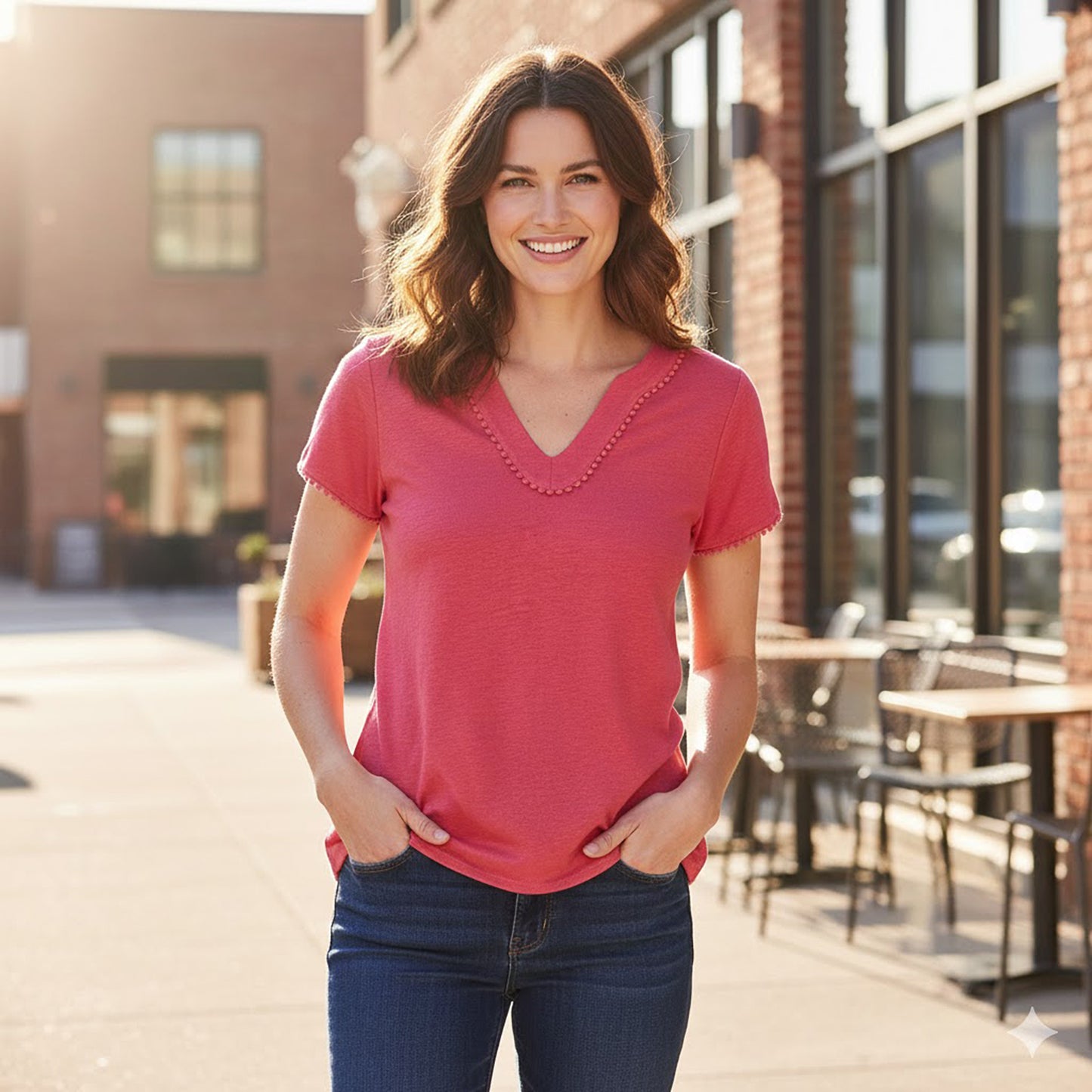 Boden Linen T-Shirt Pink Pom Pom | Women's M