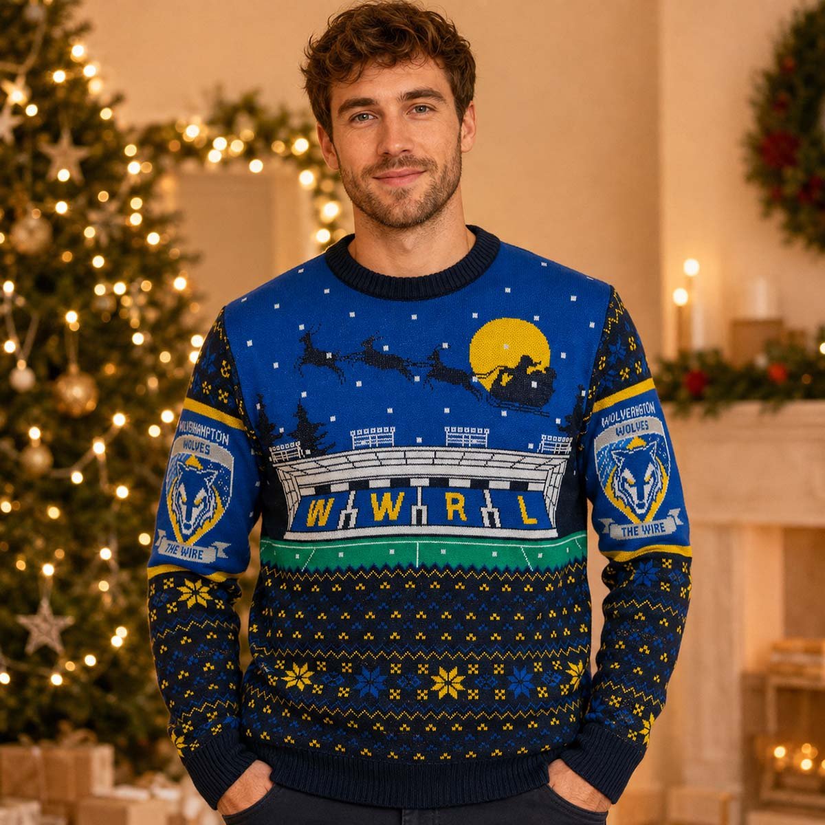 Warrington Wolves Christmas Jumper Medium Blue Rugby League – Sweater & Hoodie product photo 1 | RewearableUK