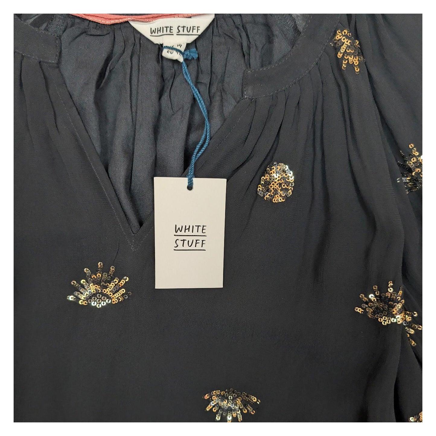 White Stuff Astrid Sequin Top UK 14 Black Gold Sparkle V - Neck Viscose Blouse BNW by White Stuff – | RewearableUK