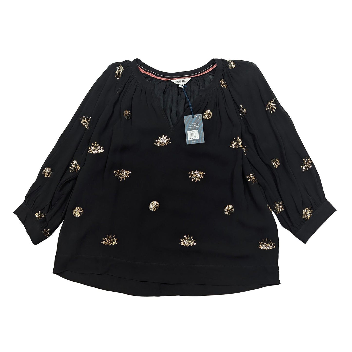 White Stuff Astrid Sequin Top UK 14 Black Gold Sparkle V - Neck Viscose Blouse BNW by White Stuff – | RewearableUK