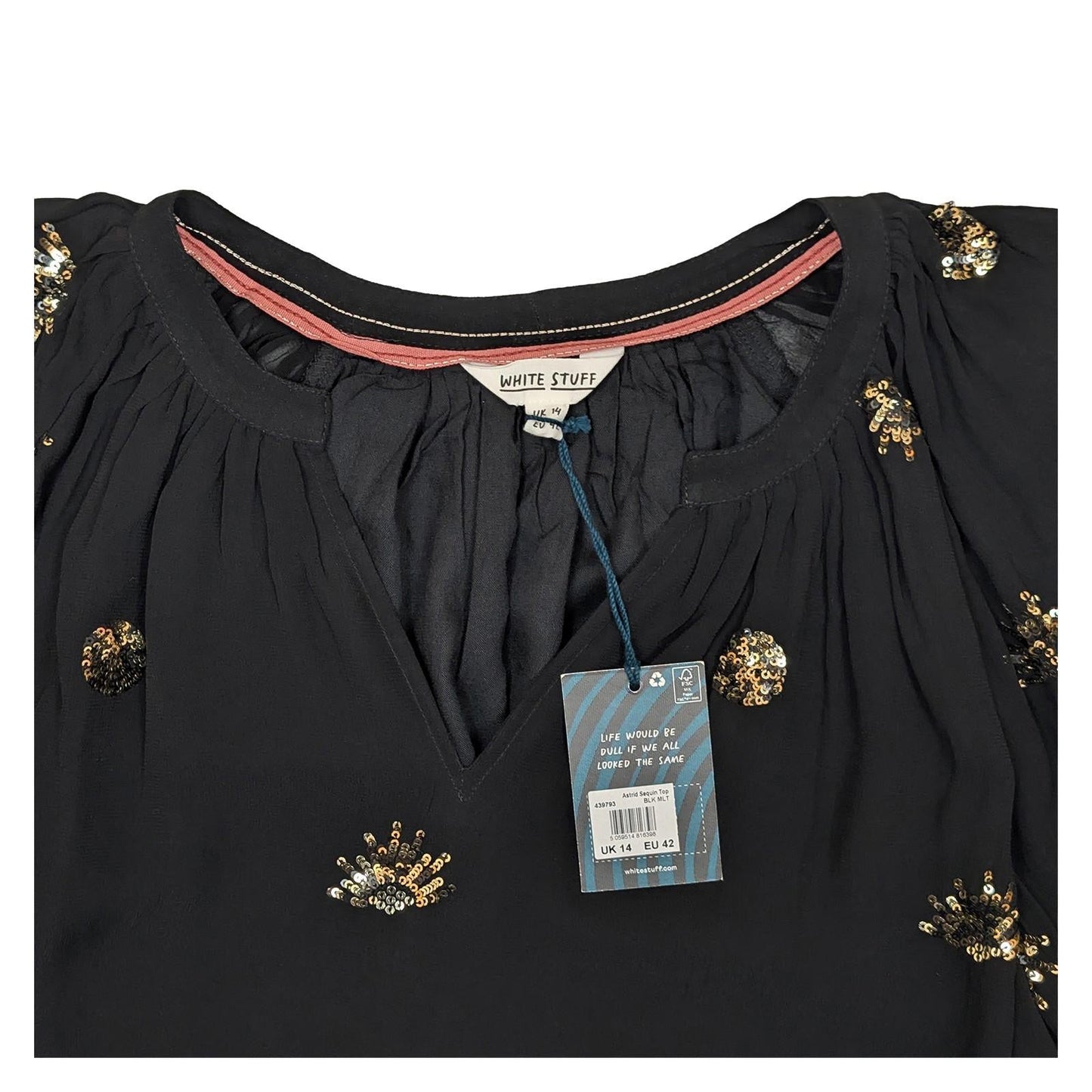 White Stuff Astrid Sequin Top UK 14 Black Gold Sparkle V - Neck Viscose Blouse BNW by White Stuff – | RewearableUK