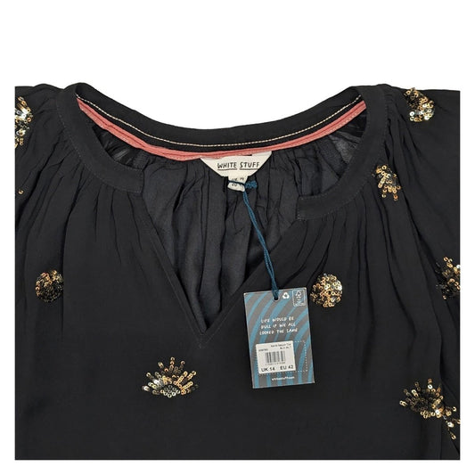White Stuff Astrid Sequin Top UK 14 Black Gold Sparkle V - Neck Viscose Blouse BNW by White Stuff – | RewearableUK
