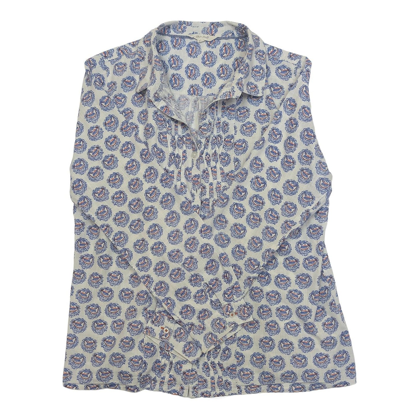 White Stuff Bird Print Shirt Women's Size UK 14 Blue White Cotton Pintuck Blouse by White Stuff – | RewearableUK